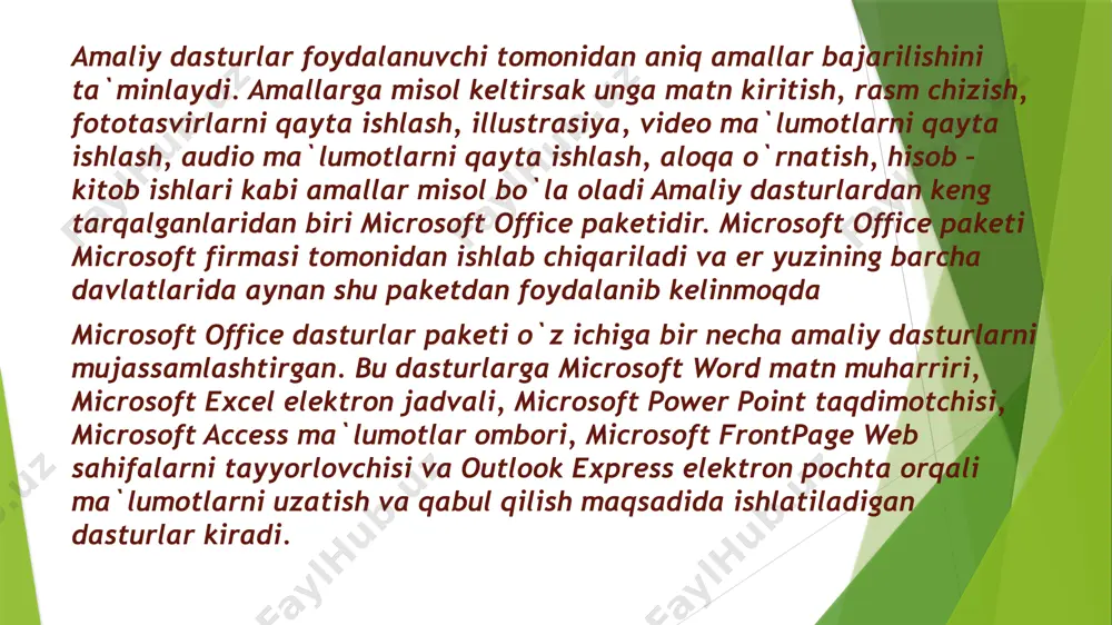 n muharriri; ms excel – har xil ko‘rinishdagi, tez almashadigan, o‘zgaradigan hisob-kitob ma’lumotlar bilan ishlashga mo‘ljallangan elektron jadvalli dastur; ms power point – ma’lumotlarni taqdimo (prezentatsiya), reklama qilishga mo‘ljallangan taqdimot dasturi; ms access – ma’lumotlar ombori (bazasi) bilan ishlashga mo‘ljallangan dastur; ms publisher – har xil tipdagi nashirlik ishlarini bajarishga mo‘ljallangan muharrir dastur; ms ounlook – elektron pochtadan foydalanishga mo‘ljallangan dasturi. office dasturlar paketini o‘rnatishda yuqorida ko‘rsatilgan dasturlarni tanlash orqali, ya’ni keraklisini o‘rnatish orqali kompyuter qattiq diskidagi joyni tejash mumkin. masalan, sizning kompyuteringiz internetga ulangan bo‘lmasa ms outlook ni o‘rnatishingiz shart emas yoki rangli, lazerli printeringiz bo‘lmasa ms publisher ni ham o‘rnatish shart emas va hokazo bu dasturlar keyinchalik sizga kerak bo‘lib qolganida bemalol office tarkibini yangilab bu dasturlarni o‘rnatib olishingiz mumkin. ms power point microsoft office powerpoint dasturi, ayniqsa, grafik va tovush foydalanish taqdimotlar yaratish uchun mo’ljallangan edi. bunday jarayonlar resurs talab ekanligini ochiq-oydin emas, balki ariza o’zi andozalar …