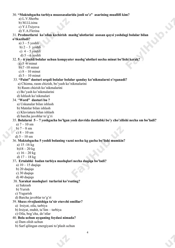 avrida dastlabki bo’y cho’zilishi necha sm bo’ladi? a) 7 – 10 sm b) 7 – 8 sm c) 8 – 10 sm d) 5 – 10 sm 36. maktabgacha 5 yoshli bolaning vazni necha kg gacha bo’lishi mumkin? a) 15 -16 kg b)18 – 20 kg c) 16 – 20 kg d) 17 – 18 kg 37. ertalabki badan tarbiya mashqlari necha daqiqa bo’ladi? a) 10 – 15 daqiqa b) 20 daqiqa c) 30 daqiqa d) 40 daqiqa 38. xarakat mashqlari turlarini ko’rsating? a) sakrash b) yurish c) yugurish d) barcha javoblar to’g’ri 39. shaxs rivojlanishiga ta’sir etuvchi omillar? a) irsiyat, oila, tarbiya b) irsiyat, muhit, ta’lim – tarbiya c) oila, bog’cha, do’stlar 40. bola uchun uyquning foydasi nimada? a) dam olish uchun b) sarf qilingan energiyani to’plash uchun c) mehnat ko’nikmalarini shakllantirish uchun d) tush ko’rish uchun 3-blok kasbiy fanlar majmualaridan test savollari 41. “ali - buji” davri qaysi …