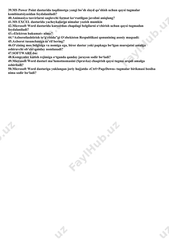 bosilsa nima sodir bo‘ladi? 24.ms excel dasturida yacheykalarga nimalar yozish mumkin 25.microsoft excel dasturi ish kitobiga yangi sahifani (list) qanday qo‘shish mumkin? 26.powerpoint taqdimotlari uchun standart fayl kengaytmasi nima? 27.powerpointda qaysi menyu yordamida tayyorlangan slaydlarni ko`rishimiz mumkin? 28.ms power point dasturida taqdimotga yangi bo’sh slayd qo’shish uchun qaysi tugmalar kombinatsiyasidan foydalaniladi? 29.vektorli grafikada tasvir tashkil etuvchilari berilgan javobini aniqlang? 30.animasiya tasvirlarni saqlovchi format ko‘rsatilgan javobni aniqlang? 31.kompyuter grafikasining qo‘llanilish soxalari qaysi bandda to‘liq ko‘rsatilgan 32.rastrli grafikada tasvirlar……….? 33.grafik fayllarning formatlari berilgan javobni aniqlang ? 34.photoshop hujjati formati ko‘rsatilgan javobni aniqlang? 35.rang modellari berilgan javobni aniqlang? 36.microsoft word dasturiga yuklangan joriy hujjatda «end» tugmasi bosilsa nima sodir bo‘ladi? 37.microsoft word dasturida yangi hujjat yaratilganda, odatda avtomatik ravishda dastur tomonidan unga qanday nom beriladi? 38.microsoft excel dasturida jadvaldagi satr tartib raqamiga (satr nomiga) sichqoncha ko‘rsatkichi bilan bosilsa nima sodir bo‘ladi? 39.ms power point dasturida taqdimotga yangi bo’sh slayd qo’shish uchun qaysi tugmalar …