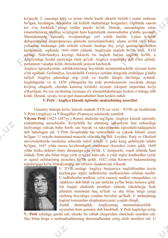 keng foydalangan, keyinchalik texnikani, ilmiy texnika yangiliklarini keng qo'llaganlar. agrar inqilob, islohot nomini olgan bu o'zgarish manufaktura sanoatining rivoji bilan bog'liq. dastlabki paytlarda bu sohada mato to'qish asosiy edi. u nihoyatda foyda keltiruvchi sohaga aylandi. matoga talab oshdi, uni qondirish uchun, sanoat uchun kerakli xom ashyo bazasini yaratish talab qilindi. xom ashyo esa jun bo'lib, qo'ylardan olinardi. manufaktura rivojiga jun kerak, buning uchun qo'ylar sonini oshirish talab etildi, ko'p qo'y boqish uchun esa yangi keng yaylovlar zarur, oqibatda chakalakzor, botqoq, bo'z erlar chegaralanib («erlarni chegaralash» degan ibora shundan kelib chiqqan) yaylovga aylantirildi, dehqon (yomen)lar o'z erlaridan haydab chiqarildilar, erlari esa tortib olinib, yaylovlarga aylantirildi. bu jarayonning muhim ahamiyati bor: 1. manufaktura (sanoat) uchun xom ashyo ko'paydi; 2. sanoatga ko'p va arzon ishchi kuchi etkazib berildi ( erdan mahrum bo'lgan, haydalgan dehqonlar ish kidirib shaharlarga borganlar). oqibatda sanoat tez o'sa boshladi, yangi sinflar paydo bo'ldi. demak, sanoatdagina emas (manufaktura), qishloq xo'jaligida …