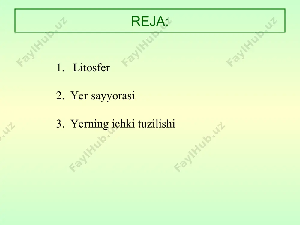 ir, kaltsiy va magniy moddalari ko’proq. qobiqdan keyin, 33 – 29000 kilometr chuqurlik intervallarida mantiya joylashgan. mantiya temir, magniy va qo’rg’oshindan ekanligi va o’rtacha harorati 2000 °c atrofidaligi taxmin qilinadi mantiya va qobiq chegarasi – «moxrovich yuzasi» deb ataladi va unda seyesmik to’lqinlar tarqalish tezligi keskin sakrashlar bilan kuchayadi. materiklardan 120 – 150 km, okeanlardan esa 60 – 400 km chuqurlikda «atenosfera» deb nomlanuvchi qatlam joylashgan bo’lib, bu qatlamdagi moddalar erish haroratiga yaqin va juda ham past qovushqoqlik xususiyatida ekanligini, va bu qatlam o’zidan yuqorida joylashgan litosfera qatlamlarini o’z sirti bo’ylab sirpangan singari harakatga keltirishini soha mutaxassislari taxmin qiladilar. * yerning markaziy qismini esa, 2900–6371 kilometrlik qatlamda yer yadrosi joylashgan. yadro ham o’z navbatida ikki qismdan iborat deb taxmin qilinadi: birinchi, tashqi qismi 2900–5000 kilometr qalinlikda bo’lib, uning suyuq holda, ya’ni, erigan temir va uning aralashmaliridan iborat ekanligi, va ikkinchi – ichki yadro 5000–6731 kilometr qatlamda bo’lib, qattiq qatlam deb …