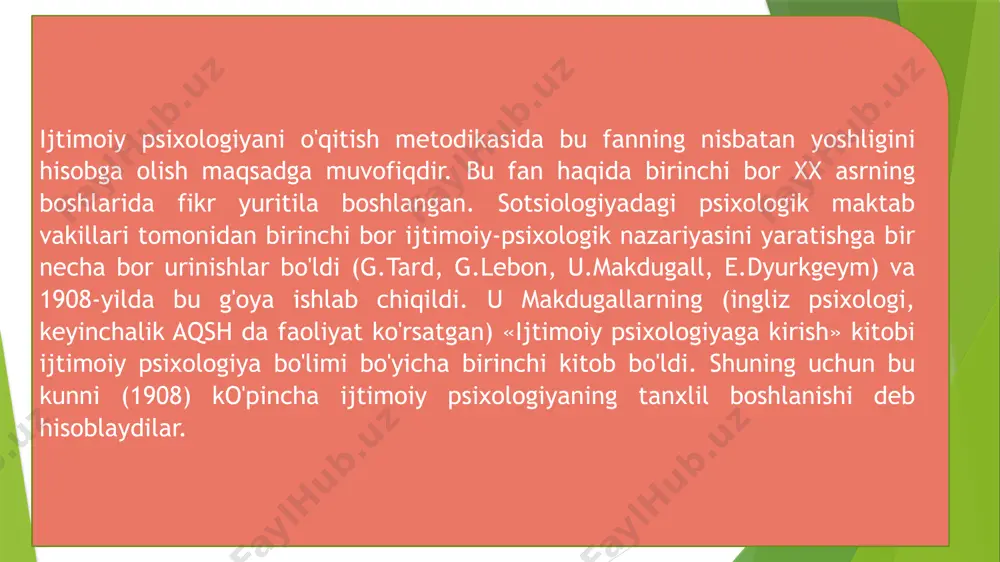 gan guruhlardagi o'zaro munosabatlardangina iborat bo'ldi. jamiyatning o'zi esa ana shunday tasavvurlar qatorida psixologik aloqalar to'plami sifatida tushuntirilgan. shunday qilib, ijtimoiy munosabatlar umuman psixologiyalashtirildi, bu shaxsning va ijtimoiy muhitning haqiqiy munosabatlarini tushunishga, shaxsni ijtimoiy munosabatlar mahsuloti sifatida keng ma'noda har tomonlama o'rganishga imkon bermas edi. g'arbda (aqsh, angliya, germaniya, fransiya, yaponiya) 20- yillarda ijtimoiy psixologiya, psixologiya fanida yetakchi yo'nalish bo'lib qoladi, boshlang'ich guruhlaming o'z a'zolariga, ulaming faoliyatiga, odamlaming ishlab chiqarish samaradorligiga, mehnat intizomiga ijobiy va salbiy ta'sirini o'rganish, va umuman zamonaviy ishlab chiqarishda psixologik omillami rolini o'rganish xususan norasmiy munosabatlar va boshqalar amaliy ahamiyatga ega edi. ijtimoiy - psixologik hodisalami o'rganish ayniqsa (guruhli rivojlanish jarayoni) ikkinchi jahon urushi davrida faollashdi (bo'limlaming birlashganligi va harbiy jangovor qobiliyat) jangning jiddiy ekstremantal vaziyatlari ta'sir ko'rsatish sharoitlarida guruh ichidagi aloqalaming mustahkamligi va boshqalar. guruhlar psixologiyasini o'rganish faqatgina ilmiy doirada bo'lib qolmay balki ishlab chiqarishda boshqaruvda xodimlami tayyorlashda, mehnatni ilmiy tashkil etishda, ishchi guruhlarini, ilmiy …
