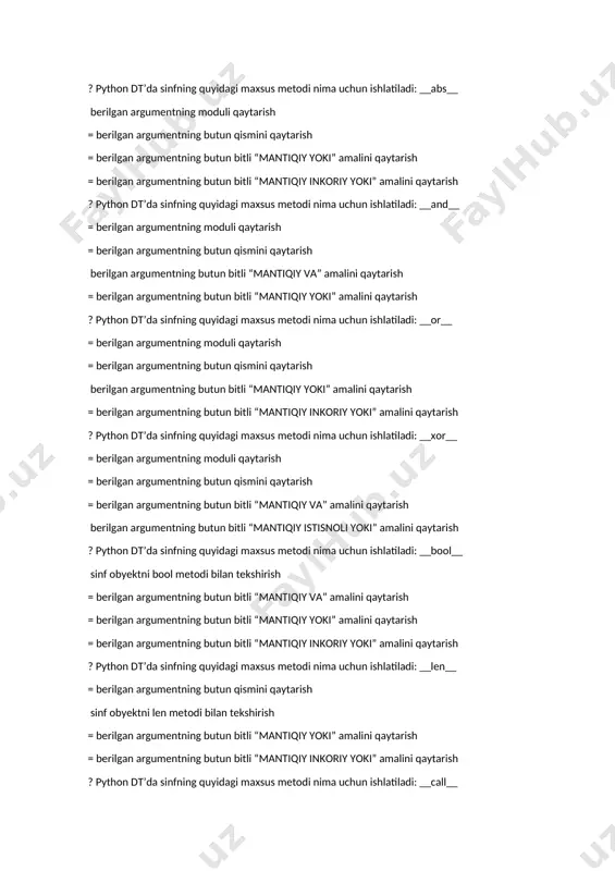 nkrementli pastga taqriblab bo’lish uchun ishlatiladi ? python dt’da sinfning quyidagi maxsus metodi nima uchun ishlatiladi: __abs__ berilgan argumentning moduli qaytarish = berilgan argumentning butun qismini qaytarish = berilgan argumentning butun bitli “mantiqiy yoki” amalini qaytarish = berilgan argumentning butun bitli “mantiqiy inkoriy yoki” amalini qaytarish ? python dt’da sinfning quyidagi maxsus metodi nima uchun ishlatiladi: __and__ = berilgan argumentning moduli qaytarish = berilgan argumentning butun qismini qaytarish berilgan argumentning butun bitli “mantiqiy va” amalini qaytarish = berilgan argumentning butun bitli “mantiqiy yoki” amalini qaytarish ? python dt’da sinfning quyidagi maxsus metodi nima uchun ishlatiladi: __or__ = berilgan argumentning moduli qaytarish = berilgan argumentning butun qismini qaytarish berilgan argumentning butun bitli “mantiqiy yoki” amalini qaytarish = berilgan argumentning butun bitli “mantiqiy inkoriy yoki” amalini qaytarish ? python dt’da sinfning quyidagi maxsus metodi nima uchun ishlatiladi: __xor__ = berilgan argumentning moduli qaytarish = berilgan argumentning butun qismini qaytarish = berilgan argumentning …