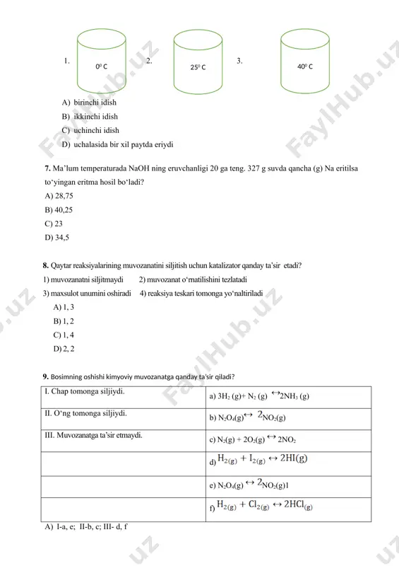 ii-a, c; iii- d, f 10. reaksiyadagi moddalar koeffisentlarining yig‘indisini toping. a) 28 b) 38 c) 58 d) 48 11. oqsillarni aniqlashda qaysi suyuqlikdan foydalaniladi? a) benedikt eritmasi b) biuret reagenti c) dxfif eritmasi d) yod eritmasi 12. uchlamchi nitrobutanni sistematik nomenklatura bo‘yicha nomlang? a) 2-nitrobutan b) 2-metil-2-nitropropan c) 2-metil-2nitrobutan d) 2-nitro-2-metilpropan 13. berilgan reaksiya tenglamasi koeffisentlar yig‘indisini aniqlang. c2h5nh2 +o2 a) 42 b) 43 c) 44 d) 45 14. molekulyar massasi 62500 g/mol bo’lgan polivinilxloridning polimerlanish darajasini hisoblang? a) 1000 b) 300 c) 500 d) 800 15. massasi 500 g bo‘lgan 25 % li eritmada necha gr tuz erigan? a) 120 b) 110 c) 125 d) 130 400 c 250 c 00 c