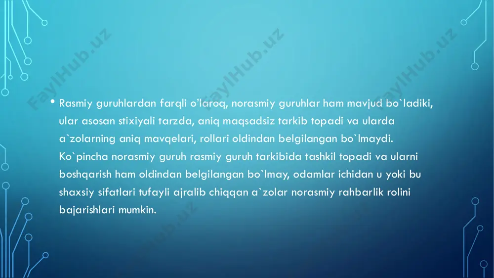 qiladi. masalan, ikki qo’shni bir-biri bilan murosalari kelishmasa, hattoki, devorlarini oqlashda ham biri tanlagan rangni ikkinchisi tanlamaydi. biri «oq» desa, ikkinchisi — aksincha, «qora» deb turaveradi. https://azkurs.org/katta-ijtimoiy-guruhlar-psixologiyasi.html https://azkurs.org/kuyishda-birinchi-yordam-qanday-korsatiladi.html https://azkurs.org/fargona-davlat-universiteti-tarix-fakulteti-tyutori-rustamova.html https://azkurs.org/ahloqiy-qadriyatlar-falsafasi-etika.html https://azkurs.org/andijon-mashinasozlik-instituti-gidropnevmoyuritmalar-kafedras.html https://azkurs.org/inversiya.html guruhlarning turlari • guruhlarning turlari. kundalik hayotda shaxs muloqotda bo’ladigan, vaqtini birgalikda o’tkazadigan kishilar guruhi ham turli xil bo’ladi. masalan, agar odamlar ko’chada tasodifiy hodisani tomoshabini bo’lib turishgan bo’lsa, ularni psixologiya tilida guruh emas, agregasiya (olomon) deb atashadi. haqiqiy guruh uchun o’sha odamlarning barchasiga aloqador umumiy faoliyat va hamkorlik qilish, bir-birlariga ta’sir ko’rsatish imkoniyati bo’lishi kerak. amerikalik psixolog ch. kuli hamkorlikning darajasi mezoniga ko’ra guruhlarni birlamchi va ikkilamchi turlarga bo’lib o’rganishni taklif etgan edi. https://azkurs.org/mavzu-soha-tilida-adabiy-til-va-uning-meyorlari.html https://azkurs.org/mavzu-soha-tilida-adabiy-til-va-uning-meyorlari.html • birlamchi guruhda shaxslararo o’zaro ta’sir «yuzma-yuz, bevosita» ro’y beradi. masalan, oila davrasidagi, sinfdagi, hisobchilar xonasida o’tirganlar birlamchi guruhga misoldir. ikkilamchi guruhlarda har doim ham odamlarning bevosita muloqotda bo’lish imkoniyatlari bo’lmaydi. ular o’rtasidagi munosabat va o’zaro ta’sir bilvosita bo’ladi. ko’pincha guruhlarni rasmiy …