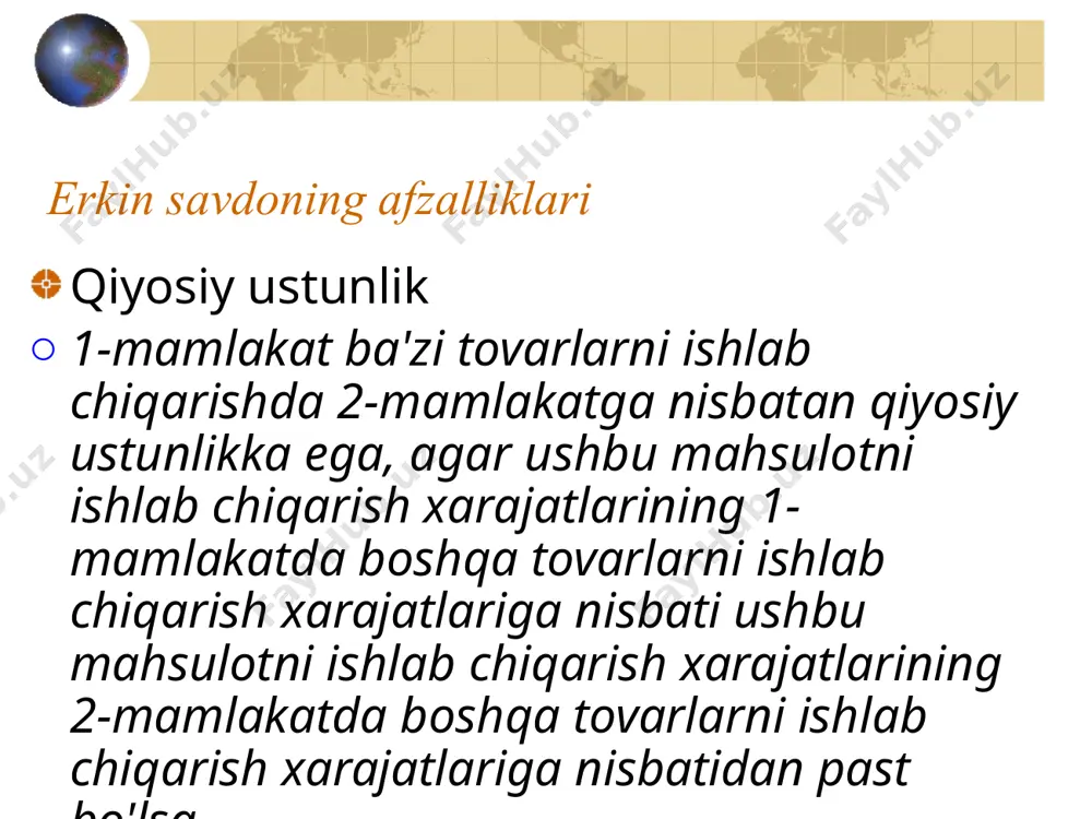 vlar qiymati va chet elliklar tomonidan sotib olingan mahalliy aktivlar qiymati o'rtasidagi farq sifatida hisoblanadi. to'lov balansi moddalari joriy operatsiyalar hisobi savdo balansi tovar eksporti tovar importi xizmatlar balansi eksport xizmatlari import xizmatlari investitsiya daromadlari balansi daromad olish to'lanadigan daromadlar joriy transfertlar balansi kapital harakati hisobi kapital hisobvarag'i balansi moliyaviy hisob balansi to'g'ridan-to'g'ri investitsiyalar portfel investitsiyalari boshqa investitsiyalar rasmiy zaxiralar joriy hisob balansi = u003d kapital va moliyaviy vositalar bilan hisob balansi + markaziy bankning rasmiy zaxiralarini o'zgartirish to'lov balansi taqchilligi joriy operatsiyalar bo'yicha pb defitsiti asosan ikkinchisining harakati hisobiga kapitalning sof oqimi bilan moliyalashtiriladi. mamlakatning hozirgi pb aktivi kapitalning aniq chiqib ketishi bilan birga keladi. pb ning uchta tarkibiy qismi ham 0 ga teng bo'lishi kerak. to'lov balansining taqchilligi va aktivlari haqida gap ketganda, ular joriy operatsiyalar va kapital harakati hisobvaraqlari balansini anglatadi. ofits yordamida pb nomutanosibligini bartaraf etish mumkin. chet el valyutasi zaxiralari, mushuk. davlatlarning markaziy banklari ixtiyorida. …