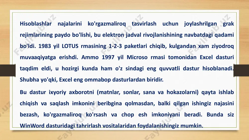 zusini o‘quv jarayonida qanday foydalanilishini yoritishga harakat qildim. ta’lim texnologiyalari shunday bilimlar sohasiki, ular yordamida 3- ming yillikda davlatimiz ta’lim sohasida tub burilishlar yuz beradi, o‘qituvchi faoliyati yangilanadi, talaba yoshlarda hur fikrlilik, bilimga chanqoqlik, vatanga mehr-muhabbat, insonparvarlik tuyg‘ulari tizimli ravishda shakllantiriladi.yana shu o‘rinda bir narsani aytib o‘tishim joizki: ta’lim texnologiyalari bu aniq ketma-ketlikdagi yaxlit jarayon bo‘lib, u talabaning ehtiyojidan kelib chiqqan holda bir maqsadga yo‘naltirilgan, oldindan puxta loyihalashtirilgan va kafolatlangan natija berishiga qaratilgan pedagogik jarayondir. e’tiboringiz uchun raxmat!!! image7.png image8.png image9.png image10.png image3.png image4.png