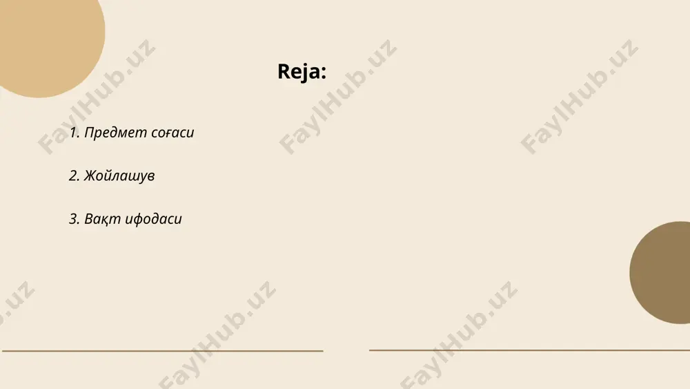 рсатиш учун "соат" сўзи, дақиқаларни кўрсатиш учун "дақиқа" сўзи қўлланилади. масалан, соат 13:45 ни 12 соатлик тизимда 1:45 pm деб айтса бўлади. вақт бўлинмалари ҳаётни режали ташкил қилиш учун жуда муҳимдир. ... t.me/slaydai_bot 4. сабаб ва натижа сабаб ва натижа мавзуси таҳлилида турли омиллар натижанинг пайдо бўлишига таъсир қилади. масалан, иқтисодий ривожланиш даражаси (сабаб) аҳоли турмуш тарзидаги ўзгаришларга (натижа) олиб келади. 2023 йил ҳолатига кўра, марказий осиё мамлакатларида аҳоли сони 74 миллиондан ошди, бу эса талабни ва истеъмолни оширди. aҳолининг соғлиғи (натижа)га экология ва соғлиқни сақлаш тизими сифати (сабаблар) таъсир кўрсатади. жаҳон соғлиқни сақлаш ташкилоти маълумотларига кўра, ҳар бир юз минг аҳолидан ўртача 30 нафари атроф-муҳит ифлосланиши оқибатида касалланади. aмнияти юксак мамлакатларда жиноятлар сони камаяди, бу ҳарбий ва ҳуқуқ-тартибот харажатларининг кескин ошиши билан боғлиқ. сабаб ва натижа муносабатларини аниқлаш тармоқларни ривожлантириш стратегиялари учун асос яратади. предлоги sattorva zuhra e'tiboringiz uchun raxmat! image1.png image2.png image3.png image4.jpg image5.png image6.jpg /docprops/thumbnail.jpeg
