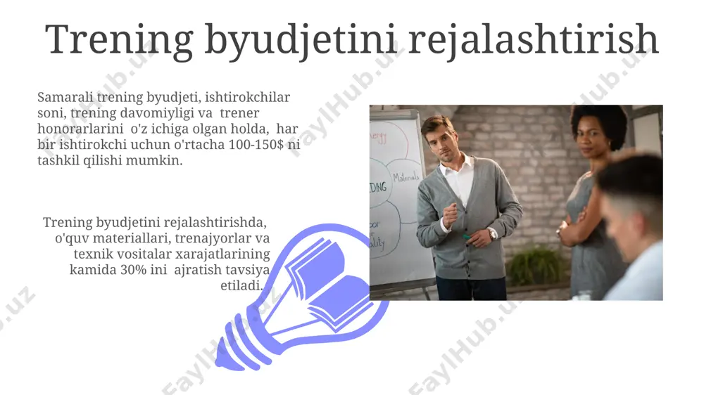 ashtirish. o'quv dasturi 5 ta asosiy elementni o'z ichiga olishi kerak: o'quv maqsadlari, mazmun, o'quv faoliyati, baholash usullari va o'quv materiallari. baholash va monitoring 01 02 o‘quv jarayonini monitoring qilishda foydalanuvchilarning faolligi va ishtiroki 80% dan kam bo‘lsa, o‘quv dasturi yoki uslublarini qayta ko‘rib chiqish kerak, chunki bu samaradorlikning pastligidan dalolat beradi. sales 1st qtr 2nd qtr 100 0 sales 1st qtr 2nd qtr 100 0 o'quv jarayonini tashkil etish ta'limning 3 bosqichini – kiritish, mustahkamlash va baholashni – har bir modulda o'z ichiga olish, o'rganish natijalarini oshirishga yordam beradi. o'quv jarayonini samarali tashkil etishda, 70/20/10 qoidasiga amal qilish muhim: 70% amaliy mashqlar, 20% o'zaro ta'lim va 10% nazariy bilimlar. treningdan keyingi qo'llab-quvvatlash trening ishtirokchilarining 75% dan ortig'i qo'llab-quvvatlash guruhlariga qo'shilganda o'z bilimlarini amaliyotda qo'llashda muvaffaqiyatli bo'lishgan. bunday guruhlar muloqot va tajriba almashish uchun qulay muhit yaratadi. treningdan keyingi qo'llab-quvvatlashning samaradorligi 20% ga ko'tarilishi uchun 3 oy davomida muntazam onlayn …