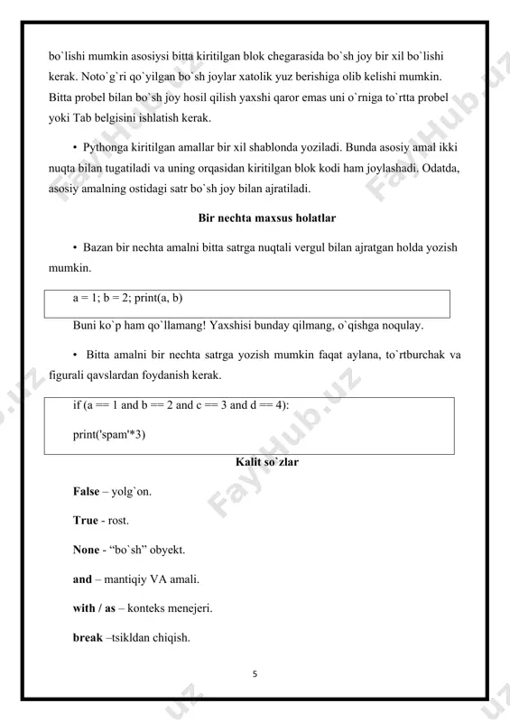 'yxat va hokazo ko'rinishida bo'lishi mumkin. o’zgaruvchilarni nomlash 2-amaliy topshiriq a) binar qidiruv usuli orqali 1 dan n gacha bo’lgan sonlar ichidan ixtiyoriy elementni topish dasturini tuzing? algoritm: 1. boshlang'ich chegaralar (low = 1, high = n) belgilanadi. 2. takroriy tarzda quyidagilar amalga oshiriladi: · o'rtadagi sonni hisoblash: mid = (low + high) // 2. · agar o'rtadagi son izlanayotgan sondan kichik bo'lsa, low = mid + 1. · agar o'rtadagi son izlanayotgan sondan katta bo'lsa, high = mid - 1. · aks holda, izlanayotgan son topiladi. 3. chegaralar birlashganda, qidiruv tugaydi. b) o’zingizni f.i.sh. ni hesh qiymatini qaytaruvchi dastur tuzing? algoritm: 1. f.i.sh. matnini kiritish orqali belgilangan simvollar qatorini olamiz. 2. har bir simvol ascii kodini hisoblab, ketma-ket yig'indisi, ko'paytmasi yoki boshqa hesh usuldan foydalanamiz. 3. hesh natijasi qaytariladi. c) respublikamizdagi viloyatlar maydonini o’sish tartibida joylashtiring. algoritm: 1. viloyat nomlari va ularning maydonlari lug'at shaklida belgilanadi. 2. lug'atdagi qiymatlar …