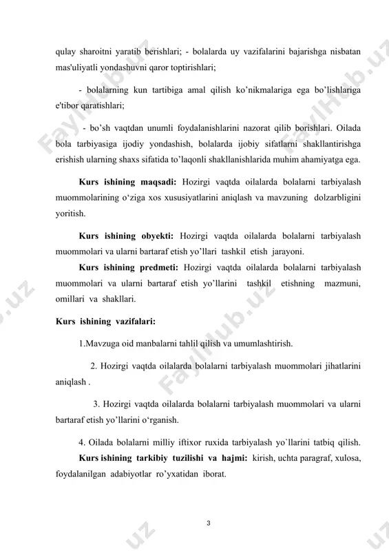 hamda jamiyatimiz hayotining barcha jabhalarida faol bo’lishni talab qilmoqda. ma’lumki yuqoridagi sifatlarni shaxsga oila asos soladi, shakllantiradi. inson hayotining porloq bo’lishi hozirgi kunda biz tarbiyalayotgan yoshlarga bog’liq. bunday ulkan vazifani amalga oshiruvchi, moddiy va ma’naviy boyliklarni yaratuvchi asosi oiladir.oila jamiyatning boshlang’ich ijtimoiy bo’g’ini sifatida murakkab tarkibga, mazmunga ega bo’lib, u o’z faoliyatida oila a’zolari faoliyatining maqsad va vazifalarinigina emas, balki tarbiyaviy faoliyatini ham o’zida aks ettiradi. oilaning murakkab, ko’p qirrali faoliyatining hayotiyligi ikki tomonlamadir: birinchidan, oila jamiyatning kichik bir qismi bo’lib, undagi o’zgarishlarni o’ta sezgirlik bilan o’zida aks ettiradi. shunga asoslanib oilaviy tarbiyani ijtimoiy tarbiyaning bir tarkibi deb hisoblash lozim. ikkinchidan, oilaning murakkab, ko’p qirrali faoliyati uning vazifalari, tuzilishiga, umumiy turmush tarziga, oila a’zolarining ehtiyojlari, qiziqishlari, munosabatlariga va ijtimoiy faoliyatlariga bog’liqligini hisobga olish kerak. oila tarbiyasining o’ziga xosligi shundan iboratki, u bolalarga ota- onalarning ota- onalik, qon- qarindoshlik singari ko’plab kerak xislatlarni o’zatib oilada tarbiyalanayotgan shaxsning ko’plab insoniy sifatlarini rivojlantirib, …