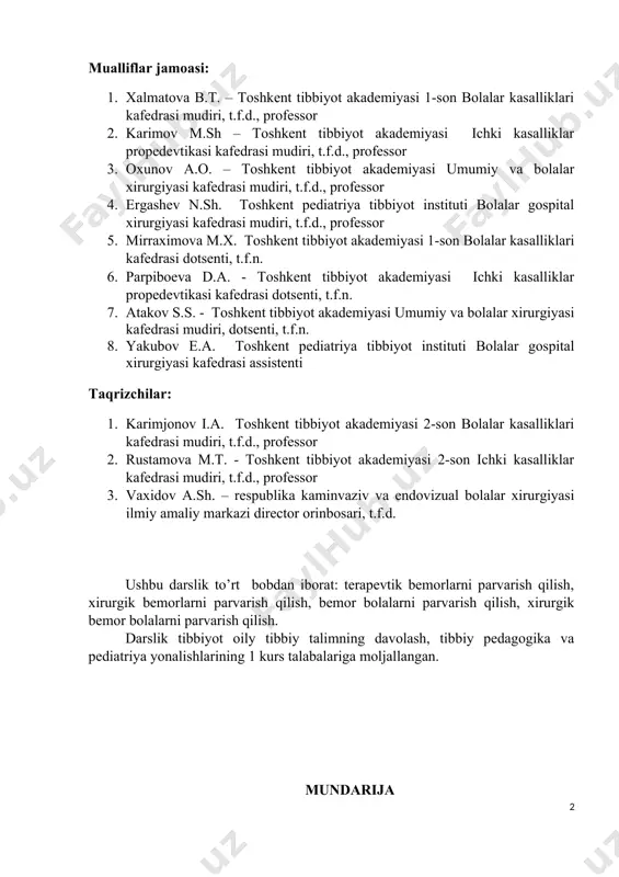 ) bo’limi 26 bemorlarni ovqatlantirish 41 davolovchi (shifobaxsh) parhezlar (parhez stollari) 47 nafas tizimi kasalliklari bilan kasallangan bemorlarni parvarishi va ularning nazorati 67 yurak-qon tomir tizimi kasalliklari bilan kasallangan bemorlarni parvarishi va ularning nazorati 89 keng tarqalgan yurak kasalliklari 95 xazm a'zolari kasalliklari bilan og'rigan bemorlarni kuzatish va parvarish qilish 98 xazm a'zolari kasalliklarining umumiy simptomlari. bemorlarni kuzatish va parvarishlash 101 tekshiruvga bemorni o`rtacha tayyorlash 110 buyrak va siydik ajratuv yo‘llari kasalliklari bilan kasallangan bemorlarni parvarishi va ularning nazorati 115 buyrak hamda siydik chiqarish yo’llari kasalliklarida bemorlarni parvarish qilish 118 ii bob xirurgik bemorlar parvarishi 126 xirurgiyada tibbiy etika va deontologiya 126 xirurgik qabul bo’limi ishi va uni tashkil etish 129 jarroxlik bo’limining tuzilishi va ish tartibi 135 reanimatsiya va intensiv terapiya bulimi tuzilishi va ishini tashkillashtirish 144 xirurgik bemorlar gigienasi asoslari 147 operatsiyadan keyingi davrda bemorlar parvarishi 152 xirurgik bemorlarning ovqtlanishi 161 terminal xolatlar va reanimatsiya asoslari 166 iii …