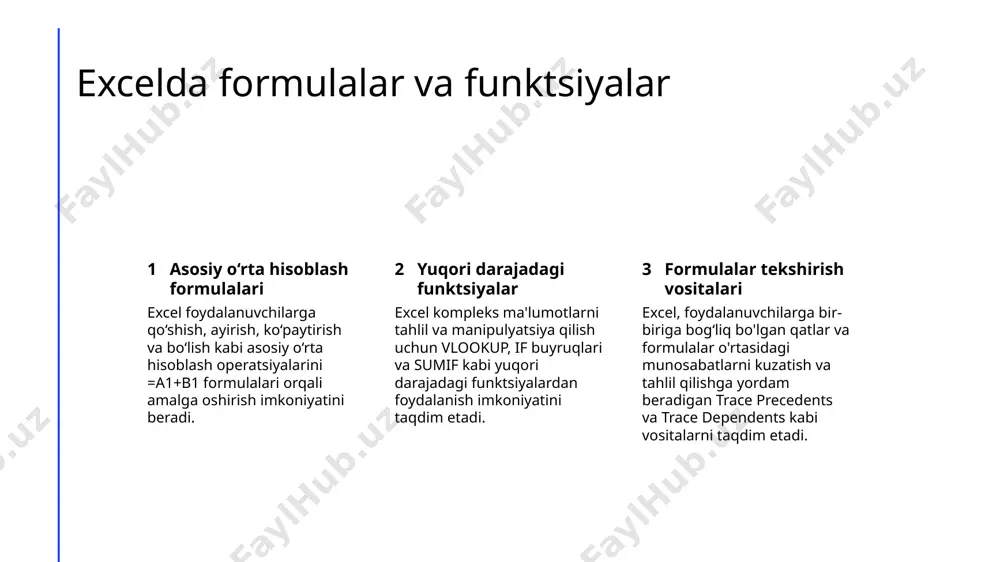 taqdim etadi. excelning samarador foydalanish uchun maslahatlar va ko'rsatmalar tezlik bilan navigatsiya va ma'lumot kiritish uchun klaviatura qisqartmalari ctrl + c tugmalari bilan nusxalash va ctrl + v tugmasi bilan qo'shish kabi qisqartmalardan foydalanish, excel ishlash tezligingizni ancha oshirishi mumkin. excelning o'ziga xos funktsiyalari va formulalardan foydalanish vlookup va sumif kabi funktsiyalar vazifalarni avtomatlashtirishi va vaqtingizni tejashda yordam berishi mumkin, formulalar esa ikkalblik hisob-kitoblarni bir necha soniyada amalga oshira oladi. excel sozlamalarini o'z maxsus talablaringiz uchun moslashtirish qutisini formatlash, standart shriftlarni tanlash, va maxsus ko'rinishlarni o'rnatish orqali excelni o'zingizning maxsus ishlash tartibingiz va istaklaringizga moslashtirishingiz mumkin. excel haqida xulosa va o'rganish uchun manbalar 1 2 3 excel xususiyatlari va imkoniyatlari haqida xulosa excel uchun onlayn darslar va kurslar excel jamoat va forumlari microsoft excel ma'lumotlarni tahlil qilish, tasavvurlash va avtomatlashtirish kabi ko'plab imkoniyatlarni taklif etadi, bu esa biznes va insonlar uchun zarur vosita qiladi. microsoftning rasmiy veb-saytida, youtube kanallarida excel …