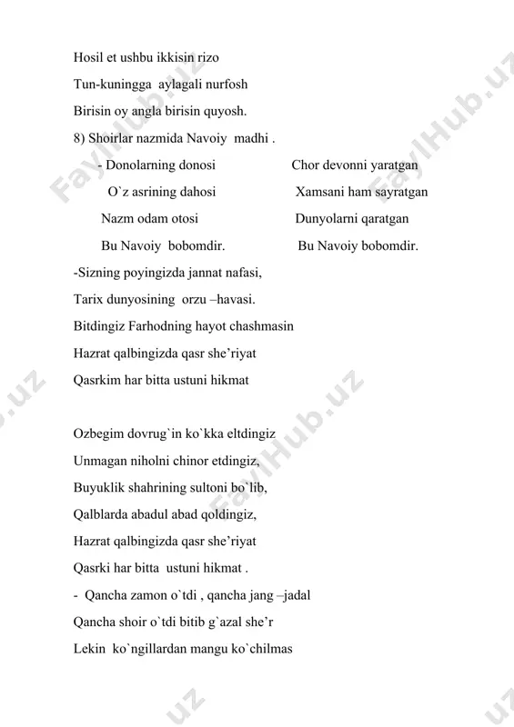 -mehr ko`p ko`rguzdim ammo mehribone topmadim jon base qildim fido oromijone topmadim . g`am bila jonimg`a yetdim , g`amgusore topmadim hajr ila dilxasta bo`ldim , dilistone topmadim ishq aro yuz ming malomat o`qiga bo`ldim nishon bir kamon abro`da tizlikdin nishone topmadim . -ko`nglum ichra sarv o`qdir g`uncha paykon gul tikan dahr bog`i ichra mundog` gulistone topmadim husn mulki ichra sendek shohi zolim ko`rmadim ishq kuyida o`zimdek notavone topmadim -ko`p o`qudim vomiqu farhodu majnun qissasin o`z ishimdin bul ajabroq dostone topmadim ui ammon ichinda bo`lsin , ey navoiy garchi men bir zamon ishqida mehnatdin amone topmadim tab’ ganjidin maoniy xurdasin , yuz qatla hayf kim nisor etmakka shohi xurdadone topmadim. 11) raqs (navoiy g`azaliga). 12) buyuk insonlarning alisher navoiyga bergan ta’riflari : -o`zbeiston respublikasining birinchi prezidenti i . a . karimov hazrat navoiy haqida shunday deydilar .”agar bu zotni avliyo desak , u avliyolarning avliyosi , mutafakkir desak , mutafakkirlarning mutafakkiri …