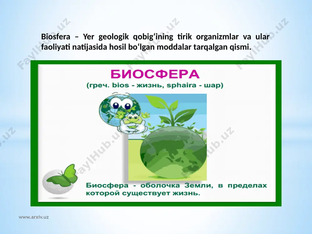 www.arxiv.uz o‘simliklar biosferadagi turlar sonining 21% ini tashkil etadi. lekin ular umumiy biomassaning 99% ini hosil qiladi. hayvonlardan 96% i umurtqasizlar, 4% i umurtqalilar hisoblanadi. shunday qilib, evolyusion rivojlanishning eng quyi tabaqasida turgan hayvonlar ko‘pchilikni tashkil etadi. tirik organizmlar biomassa biosfera notirik moddasi massasining 0,01-0,02 % ini tashkil etadi. lekin shunga qaramasdan tirik organizmlar er yuzasidagi geokimyoviy jarayonlarda asosiy o‘rin tutadi. organizmlar moddalar va energiya almashinuvi uchun zarur bo‘lgan moddalarni atrof muhitdan oladi. juda katta miqdorda tirik materiya hosil bo‘lib, oziq zanjirida qayta o‘zgaradi, chirib parchalanadi. o‘simlik va hayvonlarning hayot faoliyati tufayli er biomassasining 10% har yili qayta hosil bo‘ladi. tirik organizmlar hosil qiladigan bir yillik mahsulot quruq organik moddalar hisobidan 232,5 mlrd tonnani tashkil etadi. buning uchun ular organizmida kechadigan jarayonlar uchun 46 mlrd tonna karbon, 68x109 tonna suv, 6x109 tonna azot, 2x109 tonna fosfor, shuningdek kaliy, kalsiy, magniy, oltingugurt, temir va boshqa elementlar jalb qilinadi. www.arxiv.uz e’tiboringiz uchun …