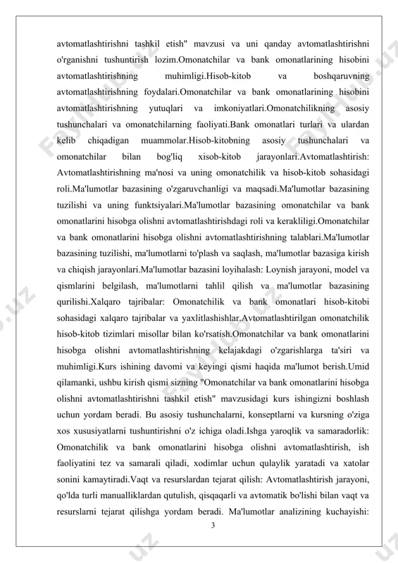 monatlari hisoblaridagi ma'lumotlarni qattiq xavfsizlik qilishga imkon beradi, shuningdek, ma'lumotlarga faqatgina mumkin bo'lgan xodimlar yoki huquqiy shaxslar tomonidan kirish imkoniyatini beradi.avtomatlashtirilgan tizim, omonatchilik va bank omonatlaridagi xatolarni aniqlash, ularga tezlik bilan javob berish va muammolarni hal qilish uchun monitoring tizimini o'rnatishga imkon beradi.ma'lumotlardan tahlil qilish: avtomatlashtirilgan hisob-kitob tizimi, omonatchilik va bank omonatlari hisoblaridagi ma'lumotlarni tahlil qilish uchun statistik analizlarni amalga oshirish va kerakli hisobotlarni tuzish imkoniyatini beradi.avtomatlashtirilgan tizim, omonatchilik va bank omonatlari hisoblaridagi ma'lumotlarni omonatchilar, boshqaruv organlari va banklar tomonidan talab qilingan holatda foydalanish imkonini beradi. 1. nazariy qism 1.1. so'rovlarni yaratish: omonatchilar va bank omonatlarini hisobga olish mysql, yoki "my structured query language," o'nlab tashqi dastur tillar bilan ishlaydigan bir ma'lumotlar bazasi boshqaruv tizimi (dbms)dir. mysql tez, ishonchli va yuz beradigan, ochiq manbali ma'lumotlar bazasi tizimlari o'rtasida eng mashhuridir.quyida mysql haqida muhim ma'lumotlarni taqdim etaman: mysql, 1995-yilda michael "monty" widenius va david axmark tomonidan tashkil etildi. uning asosiy maqsadi, …