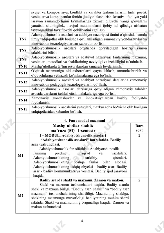 lirik asarlarni janrlarga ajratish prinsiplari. hozirgi she’riyatdagi lirik janrlar xususiyati. liro-epik asarlar. dramatik turning o‘ziga xos xususiyatlari. drama va teatr, dramatik asar va uning sahna talqini. dramatik asarlarni janrlarga ajratish prinsiplari. dramatik janrlar haqida. 2 1. badiiy asar tili va badiiy tasvir vositalari badiiy (poetik) til tushunchasi. “poetik til” va umumxalq tili va “adabiy til” tushunchalari, ularning o‘zaro munosabati. badiiy asar tilining ifodaviyligi. badiiy nutq shakllari: sochma (nasr)va tizma (she’riy); monologik va dialogik. badiiy tilning an’anaviyligi. tasvir va ifoda vositalari haqida umumiy tushuncha. tildan foydalanishda normadan "og‘ish" tushunchasi va uning turlari. leksik sathdagi normadan og‘ish: "so‘z tanlash" asosida tasviriylik va ifodaviylikni kuchaytirish. trop(ko‘chim) semantik sathdagi normadan og‘ish sifatida. tropning asosiy turlari. 2 1. she’r tuzulishi. vazn she’riy va nasriy nutq haqida. ritm tushunchasi. “she’r tizimi” va “vazn” tushunchalari haqida. she’riy tizimlar. metrik, melodik, sillabik, tonik she’r tizimlari. aruz tushunchasi haqida. aruzda ritmik bo‘laklar: harf, juzv, rukn, bahr. solim va far’iy …