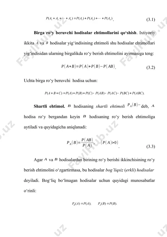 elementlardan kamida bittasi ishlayapti) ya’ni . , va hodisalari erkli bo‘lganligi uchun ni topish uchun va elementlarning ishdan chiqishidan iborat hodisaning ehtimolini hisoblaymiz, va hodisalar erkli bo‘lgani uchun . bu yerdan . shunday qilib, erksiz hodisalar ehtimollarini ko‘paytirish. ikkita bir-biriga bog‘liq hodisalarning birgalikda ro‘y berish ehtimoli ulardan birining ehtimolini ikkinchisining shartli ehtimoliga ko‘paytirilganiga teng: (3.6) natija. bir nechta bir-biriga bog‘liq hodisalarning birgalikda ro‘y berish ehtimoli ulardan birining ehtimoli bilan qolganlarining o‘zidan oldingilari ro‘y bergandan keyingi shartli ehtimollari ko‘paytmasiga teng: (3.7) bu yerda , hodisaning hodisalar ro‘y berdi degan farazda hisoblangan ehtimoli. 3.2-misol. yashikda 8 tasi standart bo‘lgan 12 ta detal bor. ishchi tavakkaliga ikkita detalni oladi. olingan ikkala detal standart bo‘lish ehtimolini toping. yechilishi. quyidagi belgilarni kiritamiz: - olingan birinchi detal standart; olingan ikkinchi detal standart. birinchi detalning standart bo‘lish ehtimoli ga teng. ikkinchi detalning birinchi detal standart degan shart ostidagi standart bo‘lish ehtimoli, ya’ni hodisaning shartli ehtimoli ga teng. …
