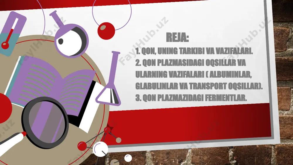 ari) eritrotsitlar(qizilqontanachalari) qom qon 2 ta tarkibiy qismdan iborat : -shakilli elementlar 45% -plazma 55% plazma : -suv 90% -erigan moddalar 10% 7% oqsil 2%organik 1%anorganik eritrotsitlar-eritrotsitlar yoki qizil qon tanachalari odam va sut emizuvchi hayvonlarda yadrosi yoqolib ketgan va sitoplazmasi gomogen bo’ladigan hujayralardan iborat.eritrotsit juda yupqa parda – sitolemma bilan o’raglan, u element lipoproteid membranadir. eritrotsitlar qiyosan kichik hujayralardir.eritrotsit diametri 7-8 mkm,bitta eritrotsit sirti 125 mkm2,hajmi 90 mkm3, 1 mm3 qonda 5,5 mln eritrotsit bo’ladi. qonda eritrotsitlarning ko’payib ketishi polistemiya, kamayib ketishi anemiya yoki eritropeniya deb ataladi. leykosit-leykositlar dumaloq shaklda bo’ladiyu,lekin faol ravishda so’riladigan bo’lgani uchun shakli harakatlanayotgan paytda o’zgarib turadi.leykositning eng muhim funksiyasi – himoya funksiyasidir.bu funksiya shu bilan ifodalanidiki,leykositlar mikroorganizmlarni yutib oladi,keyin bu mikoorganizmlarni leykositlarning lizasomalari parchalab, hazm qilib tashlaydi.ana shu hodisa fagositoz deb ataladi.leykositlarning sonining ko’payishi leykositoz, kamyishi leykopeniya deyiladi. trombotsit(qon trombotsitlari)- sutemizuvchilardagi yadrosiz hujayralardir. periferik qonda ularning soni o'rtacha 180-320 ming / mkl. trombotsitlar soni …