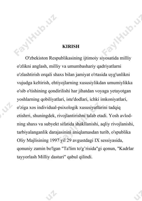 rurligi va muhimligi haqida o'zining qator nutqlarida to'xtalib o'tganlar. 1997 yil 29 avgustdagi o'zbekiston respublikasi oliy majli sining ix sessiyasida yurtboshimiz so'zlagan nutqlarida shu vaqtgacha amalga oshirilgan tadbirlar talabga javob bermayotganligini, eski sho'rolar zamonidan qolgan ta'lim-tarbiya tizimiga xos maf kuraviy qarashlardan va sarqitlardan to'liq qutila olmaganligimiz, ikkinchidan, o'zgarishlar yuzaki bo'lib, ta'lim-tarbiya va o'quv jarayonlarining tarkibini, bosqislarini bir-biri bilan uzviy bog'lash, ya'ni uzluksiz ta'lim-tarbiya tizimini tashkil qilish muammolarini yechib bermaganligi, uchinchidan, bizning amaldagi ta'lim-tarbiya tizimimiz bugungi zamonaviy, taraqqiy topgan demokratik davlatlar talablariga javob bera oimasligi... kabilar ham bu islohotni zarurligini ko'rsatdi. shu munosabat bilan yurtboshimiz "barkamol avlod — o'zbeklston taraqqiyotining poydevori" mavzusida so'zlagan nutqida ta'lim-tarbiya tizimida islohotlar o'tkazish zarurati va omillarini asoslab berdilar. hozirgi kunda respublikamizda barcha ta’lim sohalariga kata e’tibor berilmoqda. xususan kimyo sanoati va ushbu fanni o’qitish jadal suratlar bilan rivojlantirilmoqda. ta’lim jarayonida fanni so’nggi pedagogik texnalogiyalar asosida tashkil qilish va labaratoriyalarda bajarish yaxshi natija beradi. ushbu kurs ishini …