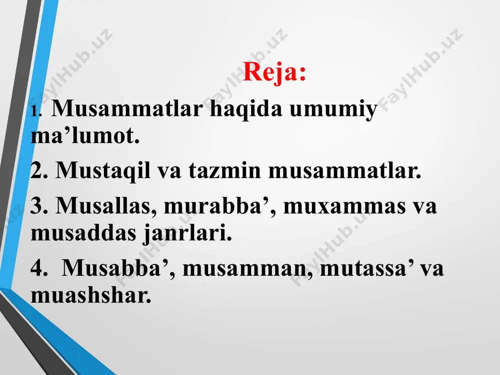 ga ajratiladi: musallas musallas (ar. “uchlik”) – uch misrali band usulida yozilgan she’r. qofiyalanishi: a-a-a, b-b-a, d-d-a…(yoki: a-b-d, d-b-d…). g’arbda tersina deb ataladi. turkiy adabiyotdagi ilk namunasi “qisasi rabg’uziy”da uchraydi (muqaddimada nosiruddin to’qbug’abek madhi). uvaysiyning “rahm etib”, hamzaning “uxlama o’zbek eli…” she’rlari musallasga misol bo’la oladi. asli mo’g’ul erkan ko’nub, islom uchun tutti yaqo, bo’ldi rasulning ummati. toat qilur tun-kunduzun, olnur saboq mus’haf baqo, qur’on o’qumoq odati. “qisasi rabg‘uziy”dan murabba’ murabba’ (ar. “to’rtlik”) – to’rt misralik band usulida yozilgan she’r. qofiyalanishi: a-a-a-a, b-b-b-a, d-d-d-a… murabba’ haqida “funun ul-balog’a”da shunday deyiladi: “musammati murabba’ aningtek bo’lurkim, she’rni to’rt qism qilurlar. uch qismning oxirinda saj’ rioyat qilibtur. to’rtinchi qismda qofiya keltururlar. ey orazi rashki qamar zulfung g’aminda har sahar, chin-u xo’tanda mushki tar, oshufta-vu shaydo bo’lur. har lahza, ey mohi xo’tan, bo’lsang xiromon dar chaman, faryod-u nolish yuz tuman har go’shadin paydo qilur”. muxammas (ar. – “beshlik”) – har bandi 5 misradan iborat …