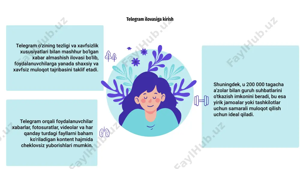 n foydalanish telegram ilovasi foydalanuvchilarga funksionallikni oshirish uchun telegram botlaridan foydalanish imkonini beradi. ushbu botlar ob-havo ma'lumotlari, yangiliklar maqolalari yoki hatto o'yin o'ynash kabi turli vazifalarni bajarishi mumkin. telegram botlarini integratsiyalash orqali foydalanuvchilar takroriy vazifalarni osonlikcha avtomatlashtirishlari yoki maʼlumotlarga bevosita ilova ichida kirishlari mumkin. ishtirok etishni osonlashtirish va muloqotni soddalashtirish uchun botlarni guruh suhbatlariga qo'shish mumkin. umuman olganda, telegram botlari shaxsiylashtirilgan xizmatlarni taklif qilish va o'zaro aloqalarni soddalashtirish orqali platformadagi foydalanuvchi tajribasini yaxshilaydi. botlarni sozlash qobiliyati bilan foydalanuvchilar telegram tajribasini o‘zlarining maxsus ehtiyojlariga moslashtirishlari mumkin. mental health infographics telegram ilovasi o'zining xavfsiz va imkoniyatlarga boy platformasi bilan odamlarning muloqot qilish usulini inqilob qilmoqda. maxfiylik va foydalanuvchiga yo'naltirilgan dizaynga e'tibor qaratgan holda, u xabar almashish ilovalarining kelajagini shakllantirmoqda. ilovaning maxfiy chatlar, o‘z-o‘zini yo‘q qiluvchi xabarlar va kanal translyatsiyalari kabi innovatsion xususiyatlari uni raqobatchilardan ajratib turadi. uning platformalararo mavjudligi foydalanuvchilar uchun qurilmalar bo'ylab uzluksiz aloqani ta'minlaydi. texnologiyalar rivojlanishi bilan telegram ovozli qo‘ng‘iroqlar, …