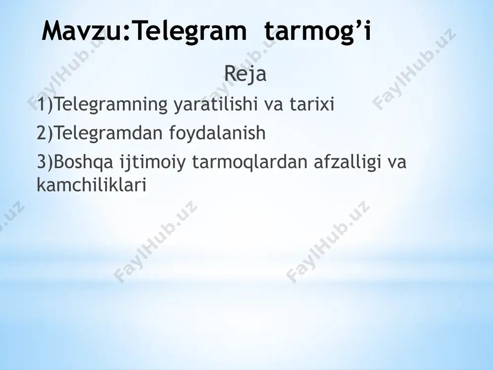 ng 5 ta davlatida joylashgan, yevropa foydalanuvchilari uchun londondagi datacenter, osiyo uchun singapurdagi datacenter, meksikaliklar uchun san-fransiskodagi datacenterlar xizmat qiladi. ma’lumotlar uzatish tizimi mtproto protokoli asosida amalga oshiriladi, bu protkol asoschisi nikolay durov hisoblanadi; eng katta yutug‘i “telegram messendjerida reklama mavjud emas”; telegramning shtab-kvartirasi berlinda joylashgan eng qiziq tomoni shundaki, rossiya aholisining bor yo‘g‘i 1% bu messendjerdan foydalanilar ekan; 2014-yil mart oyi statistikasiga ko‘ra, messendjer foydalanuvchilari soni 35 mlnga yetkan. telegram’ning bilishimiz kerak bo‘lgan 10 ta imkoniyati: 1. muhim narsalarni “tanlangan”da saqlash “tanlangan” bo‘limi o‘z-o‘zingizga xabar yuborish imkoniyatini berishini hamma ham bilmaydi. uning yordamida fayl, foto va oddiy havolalarni kompyuterdan smartfonga yuborish qulay. bu bo‘lim telegram’dan foydalaniladigan barcha qurilmalar uchun umumiy almashish buferi rolini bajarishi mumkin. 2. xabarlarni sezdirmay o‘qish yangi xabarni ochishingiz bilan uni yuborgan odamda xabar ko‘ringani haqidagi belgi paydo bo‘ladi. telegram’ning mobil ko‘rinishida suhbatdoshingizga bildirmay, u yuborgan xabarni o‘qish mumkin. xabarni olganingiz zahoti uni ochmang va smartfonda …