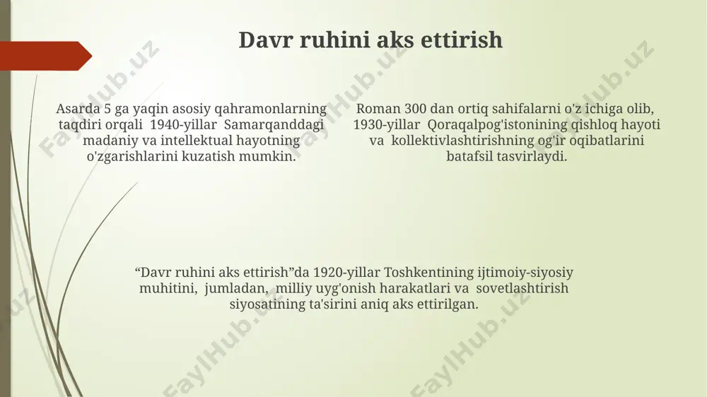 ni, inson taqdiriga qanday ta’sir koʻrsatganini, 200 dan ortiq sahifalarda batafsil bayon etadi. asar, 1917-yil inqilobidan keyin markaziy osiyoda yuz bergan ijtimoiy-siyosiy voqealarni, qurgʻonchilik va mahalliy urf-odatlar kontekstida 5 ta asosiy qahramonning turli taqdirlari orqali tasvirlaydi. adolat va zulm mavzusi oʻtkir hoshimovning “adolat va zulm mavzusi” asarlarida 1920-yillarning toshkent shahri voqealari orqali ijtimoiy adolatsizlikning 3 turli koʻrinishi tasvirlangan. “adolat va zulm mavzusi”da 5 ga yaqin qahramonning taqdiri orqali qonunsizlik va zoʻravonlikning samarqand viloyatida qanday tarqalganligi koʻrsatiladi. asarda 20-asrning boshlarida, fargʻona vodiysidagi dehqonlarning yer egalari tomonidan zulmiga qarshi kurashi 100 dan ortiq sahifada batafsil bayon etilgan. mustamlakachilik davri voqealari “mustamlakachilik davri voqealari”da 19-asr oxiri va 20-asr boshlarida buxoro amirligi hududida yuz bergan qishloq xo'jaligi inqirozining batafsil tasviri berilgan, bu esa dehqonlarning og'ir ahvolini va rossiya imperiyasi siyosatining ta'sirini ko'rsatadi. kitobda, 1917 yilgi inqilobdan keyingi buxoro xalq sovet respublikasining tashkil topishiga olib kelgan siyosiy va ijtimoiy jarayonlar, jumladan, turli etnik guruhlar o'rtasidagi …