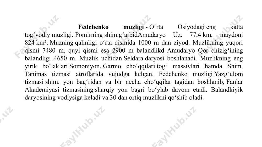 ri – norin va qoradaryo daryolarining suv manbalaridan biri hisoblanadi. sirdaryo havzasidagi muzliklarning ahamiyati ✅ suv resurslarini taʼminlash – muzliklar yil davomida, ayniqsa yoz oylarida daryo suv oqimini barqarorlashtiradi. ✅ iqlimiy taʼsir – muzliklar mintaqaviy iqlimni tartibga solishda muhim rol oʻynaydi. ✅ qishloq xoʻjaligi va energetika – muzliklardan erigan suv gidroenergetika va qishloq xoʻjaligida keng foydalaniladi. muzliklarning qisqarishi soʻnggi yillarda global iqlim oʻzgarishi sababli sirdaryo havzasidagi muzliklar hajmi kamayib bormoqdamudaryo bu esa kelajakda suv tanqisligiga olib kelishi mumkin. shuning uchun muzliklarni saqlash va ulardan samarali foydalanish muhim masalalardan biridir. issiqkoʻl havzasi muzliklari issiqkoʻl havzasi qirgʻizistonning shimoliy-sharqiy tarmoq boʻlib, u gʻarbiy tyanshan togʻ kuchi bir qismini oladi. ush havza oʻzining issiq issiqkoʻl koʻli bilan mashhur boʻlib, muzliklar suv balansida muhim rol oʻynaydi. issiqkoʻl havzasidagi asosiy muzlik manbai issiqkoʻl havzasida muzliklar asosan tyan-shan togʻlarining yuqori qismlarida boʻlib, ulardagi suv resurslarining asosiy manbalaridan biridir. kengyoy muzligi issiqkoʻl havzasining eng kuchli muzliklaridan biri. muzlik …