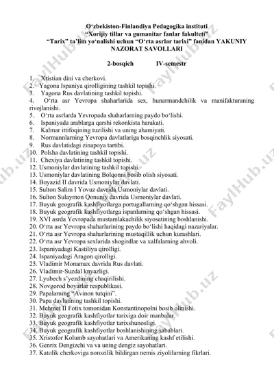"o‘rta asrlar tarixi yakuniy nazorat savollari" — DOCX