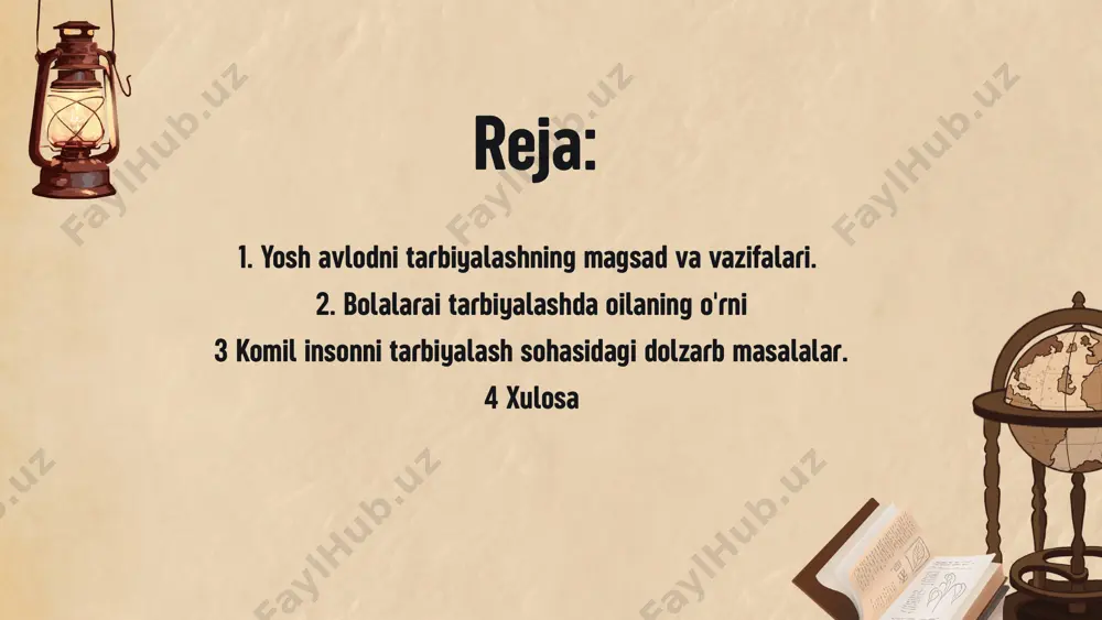 i oliy darajadagi kadriyatlar shakllanadi,avloddan-avlodga etkziladi. shu sifatlar ona suti, oila a'zolarivmehri va namunasi bilan bola xulqi, hatti-harakati mazmuniga singib boradi. bunda esa inson ulg'ayishida asosiy davr bo'lgan o'smirlikdagi tarbiya xal qiluvchi ahamiyat kasb etadi. bu pallada uning ichki dunyosi, o'ziga xos hislatlari shakllanadi. bu davrda ota-ona, ustozlar ular tarbiyasi bilan uzviy ravishda shug'ullanishlari lozim. ularning salomatligiga ham alohida diqgat-e'tibor zarur. shuni ham unutmaslik kerakki, kamolotga eltuvchi yo'l ma'rifat, shunga yarasha g'ayrat-shijoatdir. har bir xalq har bir avlodning barkamollik darajasi pirovard natijada shu xala istiqbolini, taraqqiyoti va taqdirini xal etadi. balog'atga yetayotgan yigit-qizlarimiz o'tkazilayotgan ta'lim, islohotlaridan mamnun bo'lishi tabiiydir. shuning uchun, respublikamizning barcha viloyatlari, tumanlari va gishloqlaridagi o'quv dargohlari zamonaviy uslubda jixozlanishi, ta'lim tizimiga esa yangicha rux kiritilishi, xalq ta'limi, oliy va o'rta maxsus ta'lim vazirliklari, umumta'lim maktablari, oliy va o'rta maxsus o'quv yurtlarida ta'lim-tarbiya mazmunini, oila ta'limi va tarbiyasi bilan hamohang ravishda amalga oshirish zarur. buning uchun esa: ta'lim-tarbiya …