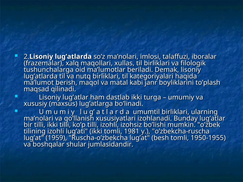 oraev, 1970); yo)sinonimlar lug’ati: "o’zbek tili sinonimlarining qisqacha lug’ati" (a.hojiev, 1963), "o’zbek tili sinonimlarining izohli lug’ati" (a.hojiev, 1974); j)chastota lug’ati: "slovarь naibolee upotrebitelьnыx slov sovremennogo uzbekskogo literaturnogo yazыka" (i.a.kissen, 1972). bu tipdagi lug’atlarda o’zbek tilidagi so’zlarning faollik darajasi ko’rsatiladi; z)dialektologik lug’atlar: "xorazm shevalari", 1-kitob, (f.abdullaev, 1961 yil), "o’zbek shevalari leksikasi" (kollektiv, 1966). bu kitoblarda dialektologik tadqiqotlar natijasi bilan birga, sheva so’zlarining lug’atlari ham berilgan; i)tarixiy lug’atlar: "o’zbek klassik adabiyoti asarlari uchun qisqacha lug’at" (p.shamsiev, s.ibrohimov, 1953), "navoiy asarlari lug’ati" (p.shamsiev, s.ibrohimov, 1972), "alisher navoiy asarlari tilining izohli lug’ati", 4 tomlik. o’zbekiston fanlar akademiyasi muxbir a’zosi (hozir-akademik) e.i.fozilov tahriri ostida. –toshkent,1983 (i-ii tomlar), 1984 (iii tom), 1985 (ivtom); "zahiriddin muhammad bobur asarlari uchun qisqacha lug’at" (x.nazarova, 1972), "drevnetyurkskiy slovarь" (kollektiv, 1969); y)internatsional so’zlar lug’ati "internatsional so’zlar lug’ati" (o.usmon, 1959). "ruscha-internatsional so’zlar izohli lug’ati" (olim usmon, renat doniyorov, 1965); k)teskari lug’at: "o’zbek tilining chappa lug’ati" (r.qo’ng’irov, a.tixonov, 1968). bu tipdagi lug’atlarda so’zlar …