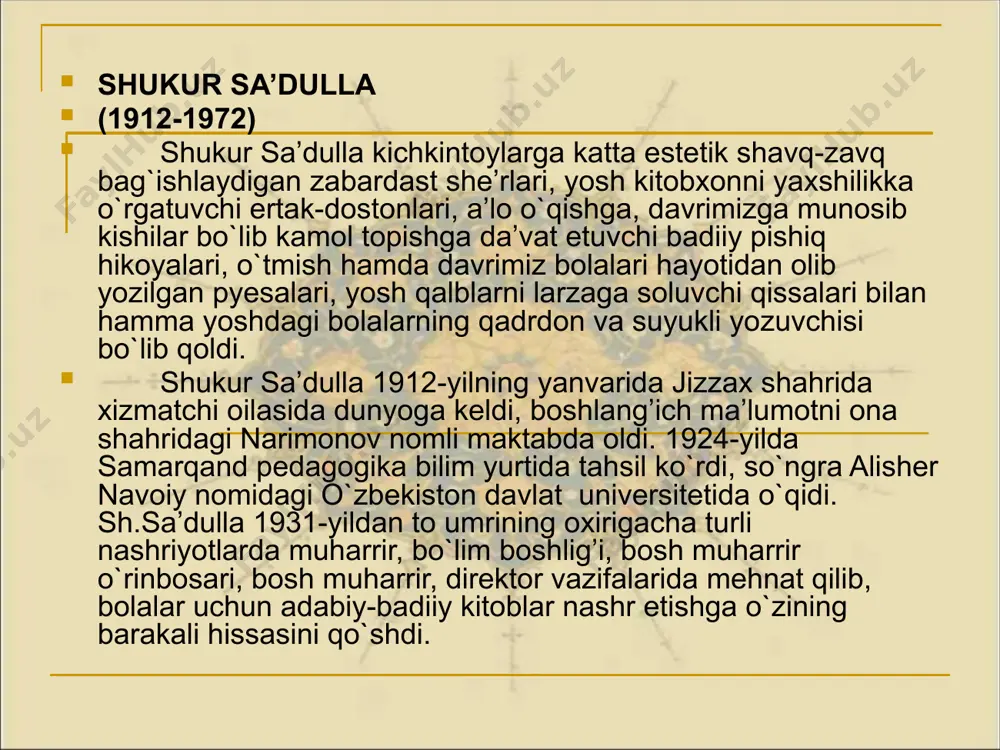 adi. bu she’ri bilan shoir boladagi oilaga bo`lgan ilk muhabbatni va boladagi gumanistik hislarni tarbiyalaydi. shoir bolalar o`yinchoqlari va ularning bolalar tarbiyasidagi ahamiyatini ham to`g`ri tasavvur qiladi. bolaning “o`zi yog’och, yoli qil” toychoqqa minib zavqlanishini ham, qizchalarning “bolalarga ovunchoq” quyon qo`g’irchoqqa bo`lgan mehrini ham, ularning “boshchasida shoxi bor, dumchasida oqi bor” echki bola bilan inoqligi va u bilan o`ynashishini ham maroqli tasvirlaydi. bu tasvirda bola xarakteri va xususiyati ochiladi. shu bilan birga shoir bolalarni o`yinchoqlarga to`g`ri munosabatda bo`lishga, ularni sindirmasdan, buzmasdan asrashga chaqiradi. bu tarbiyaviy chaqiriqning o`yinchoq tilidan bayon qilinishi esa she’rning ta’sir kuchini yana oshirgan: buksangiz qayrilaman, oyoqdan ayrilaman. mayli o`ynang erta-kech, lekin ozor bermang hech. shukur sa’dulla bolalarning o`yin mashg’ulotlari haqida ham ko`pgina chiroyli, ta’sirchan she’rlar yozgan. bolalar o`yini bilan bog’langan she’r bolalar uchun qimmatli asardir. bu yerda shu narsani ham ta’kidlab aytish kerakki, o`yinlar bola uchun jiddiy ishdir. “tulki va g’ozlar” she’rida birlari tulki, qolganlari g’oz bo`lib …
