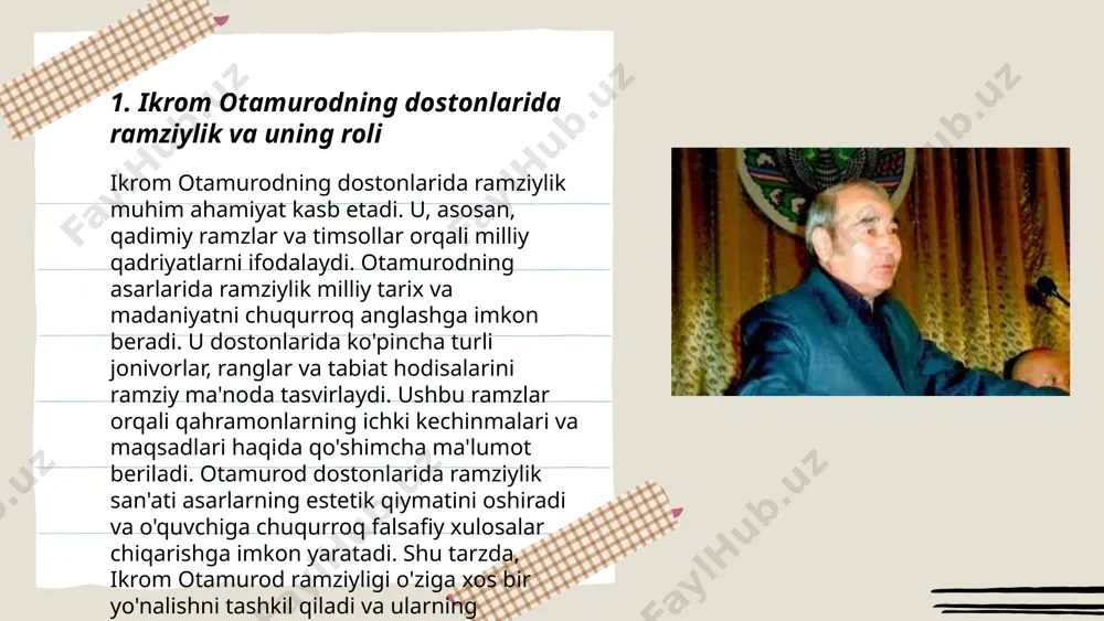 . o’zbek milliy bayrog’i ham asosiy ramzlardan biri bo'lib, unda to'rt rang mavjud: ko’k, oq, yashil va qizil. ushbu ranglar tarixiy, madaniy va diniy ma’nolarni o’zida jam etadi. yana, sumalak xalq bayramlarining ramzi bo’lib, birlik va mehr-oqibatni ifodalaydi. shu bilan birga, navro’z bayramining nishonlanishi o’zbeklar uchun qadimiy an’analarning davomiyligini ta’minlaydi. ramziylik qadriyatlarni nafaqat saqlab qoladi, balki avlodlar o’rtasida uzluksiz bog’lanishni ham ta’minlaydi. ... t.me/slaydai_bot simvolik unsurlar va obrazlar san'at va adabiyotda ma'no etkazish uchun muhim ahamiyatga ega. bu usul orqali mualliflar o'z asarlaridagi mazmunni boyitib, chuqurroq tushuncha va his-tuyg'ularni etkazishadi. simvolik unsurlar bu kontekstga qarab turli ma'nolarni anglashi mumkin. misol uchun, oq rang ko'pincha tozalik yoki begunohlikni, qora esa qayg'u yoki sirli holatlarni ifodalaydi. obrazlar orqali afsonalar, tarixiy voqealar yoki insonning ichki kechinmalarini tasvirlash mumkin. simvolik unsurlar matnni boyitib, o'quvchilarda turli tushunchalar va tahlil qilish imkoniyatini yaratadi. natijada, asarlarni o'qigan paytda kishi o'zicha talqin qilish imkoniyatiga ega bo'ladi, bu esa …