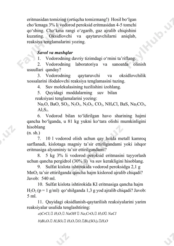 g mno2 ta’sir ettirilganda qancha hajm kislorod ajralib chiqadi? javob: 540 ml. 10. sulfat kislota ishtirokida ki eritmasiga qancha hajm h2o2 (p = 1 g/ml) qo‘shilganda 1,3 g yod ajralib chiqadi? javob: 5 ml. 11. quyidagi oksidlanish-qaytarilish reaksiyalarini yarim reaksiyalar usulida tenglashtiring: a)crcl3  h2o2  naoh  na2cro4  h2o nacl b)bi2o5  h2so4  h2o2 o2 bi2(so4)3 h2o d)kmno4 h2so4 h2o2 mnso4 o2 k2so4 h2o e)cl2 h2o2 o2 hcl f )kno2  na2o2  h2o  kno3  naoh g)hgoh2o2 o2 hgh2o h)h3aso3  h2o2  h3aso4 ... i)ca(clo)2 h2o2 cacl2 ... j)agno3  naoh  h2o2  ag  nano3 o2 h2o k)ki h2so4 h2o2 i2 k2so4 h2o 12. 3 kg 3% li h2o2 eritmasini hosil qilish uchun zarur bo‘lgan bao2 massasini va co2 hajmini (n. sh.) hisoblang. javob: 447,4 g bao2; 59,3 l co2. 13. 16 kg suv to‘la elektroliz qilinganda qancha hajm vodorod ajralib chiqadi …