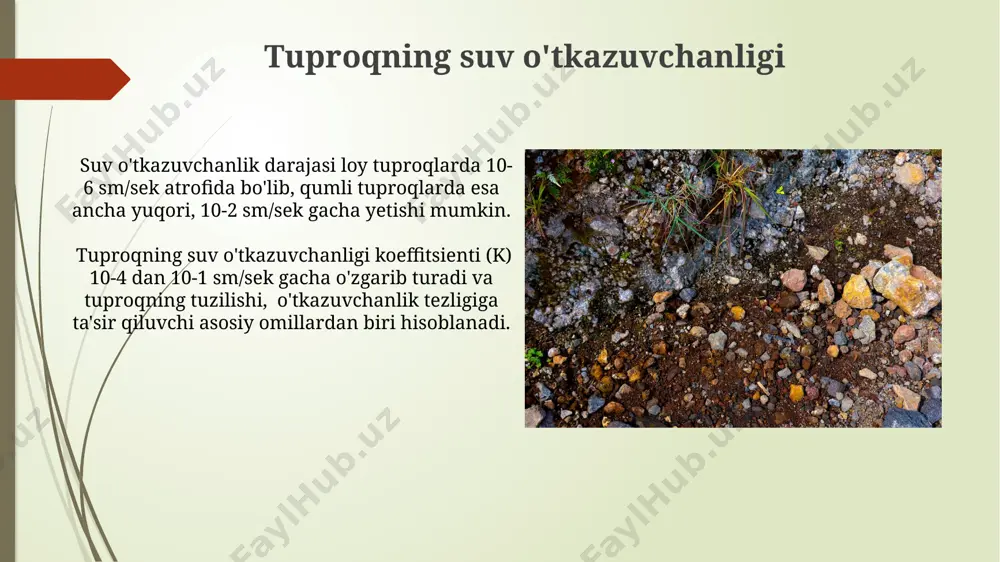 o'shish yoki ishqoriy tuproqqa oltingugurt qo'shish mumkin. optimal ph oralig'i 6.0 dan 7.0 gacha bo'lgan ko'plab ekinlar uchun ideal hisoblanadi. tuproqning porozligi poroqlilik darajasi tuproq tuzilishiga, organik moddalar miqdoriga va mexanik tarkibiga bog'liq bo'lib, yaxshi tuzilgan tuproqlar 50% dan ortiq porozlikka ega bo'lishi mumkin. tuproq porozligining turli sinflari mavjud: makroporozlar (100 mk dan yuqori) suv o'tkazuvchanlikni, mikroporozlar (100 mk dan past) esa suv saqlash qobiliyatini aniqlaydi. tuproqning organik moddasi organik modda parchalanishi jarayonida 10-20°c harorat oraligʻida co2 ajralib chiqadi, bu esa issiqxona effektiga ta'sir qiladi va tuproqning biologik faolligini belgilaydi. tuproq organik moddasining miqdori 2-5% oraligʻida boʻlganda, tuproqning strukturasi yaxshilanadi, eroziyaga chidamliligi ortadi va suv oʻtkazuvchanligi optimallashadi. e'tiboringiz uchun rahmat @taqdimot_robot image1.jpg image2.jpg image3.jpg image4.jpg image5.jpg image6.jpg image7.jpg image8.jpg image9.jpg image10.jpg image11.jpg image12.jpg