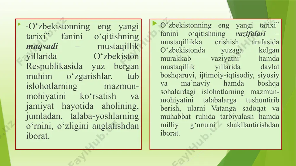 shning muhimligidan dalolat beradi. prezident qarorida o’zbekistonning eng yangi tarixini tizimli ravishda tarixiylik va xolislik prinsiplariga asoslangan holda o’rganishni tashkil etish, shuningdek, buyuk tarixiy-madaniy merosga ega bo’lgan va jahon sivilizatsiyasining rivojiga ulkan hissa qo’shgan o’zbek xalqining tarixiy o’tmishi va bugungi kuniga baho berishda bir yoqlama yondashuvlarga, aqidaparastlikka yo’l qo’ymaslikka yo’naltirilgan bo’lib, unda o’zbekiston ilmiy jamoatchiligi oldiga o’quv, ilmiy, o’quv-metodik adabiyotlarni tayyorlash va yangi avlod nashrlarini chop etish bo’yicha ishlarni muvofiqlashtirish, ularda o’zbekistonning eng yangi tarixini umumjahon va mintaqaviy jarayonlar bilan, shuningdek, hozirgi o’zbekiston hududida shakllangan xalqlar va davlatlar sivilizatsiyasining tarixiy-madaniy merosi bilan uzviy bog’liq holda ko’rib chiqishni ta’minlash kabi vazifalar belgilab qo’yildi yoshlarni mamlakatimiz poytaxti va tarixiy shaharlarimizning diqqatga sazovor joylari, maydon va hiyobonlari, muzeylariga tashriflarini ko’proq tashkil etish lozim. samarqand, buxoro, xiva, marg’ilon, qo’qon, termiz, shahrisabz kabi qadimiy shaharlarimiz yoki poytaxt toshkent sahridagi “mustaqillik maydoni”, “shahidlar xotirasi” yodgorlik majmuasi, ikkinchi jahon urushida jonini fido etgan xalqimizning munosib farzandlari xotirasini …