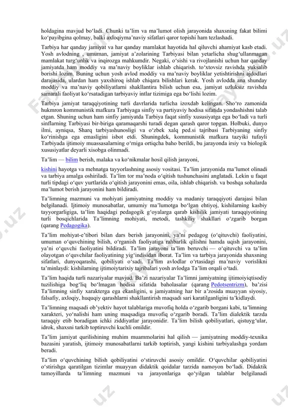 ol o giyasining asosiy vazifasi — maktabdagi tarbiyaviy ishlar jarayonida shaxsning shakllanishi masalasini ishlab chiqish. unda shaxsning axloqiy sifatlarining shakllanishiga alohida ahamiyat beriladi. pedagogik psixologiya tadqiqotlari oʻquv materiali mazmunini tanlash, oʻquv dasturlari, darsliklar tuzish, taʼlimning har xil bosqichlarida oʻqitish metodlari tizimini tashkil qilishda muhim ahamiyatga ega. tarbiya — shaxsda muayyan jismoniy, ruhiy, axloqiy, maʼnaviy sifatlarni shakllantirishga qaratilgan amaliy pedagogik jarayon; insonning jamiyatda yashashi uchun zarur boʻlgan xususiyatlarga ega boʻlishini taʼminlash yoʻlida koʻriladigan chora tadbirlar yigindisi. tarbiya insonning insonligini taʼminlaydigan eng qad. va abadiy qadriyatdir. tarbiyasiz alohida odam ham, kishilik jamiyati ham mavjud boʻla olmaydi. chunki odam va jamiyatning mavjudligini taʼminlaydigan qadriyatlar tarbiya tufayligina bir avloddan boshqasiga oʻtadi. pedagogik adabiyotlarda "tarbiya" atamasi keng va tor maʼnolarda ishlatiladi. keng maʼnoda tarbiya inson shaxsini shakllantirishga, uning jamiyat ishlab chiqarish.i va ijtimoiy, madaniy, maʼrifiy hayotida faol ishtirokini taʼminlashga karatilgan barcha taʼsirlar, tadbirlar, harakatlar, intilishlar yigindisini anglatadi. bunday tushunishda tarbiya faqat oila, maktab, bolalar va …