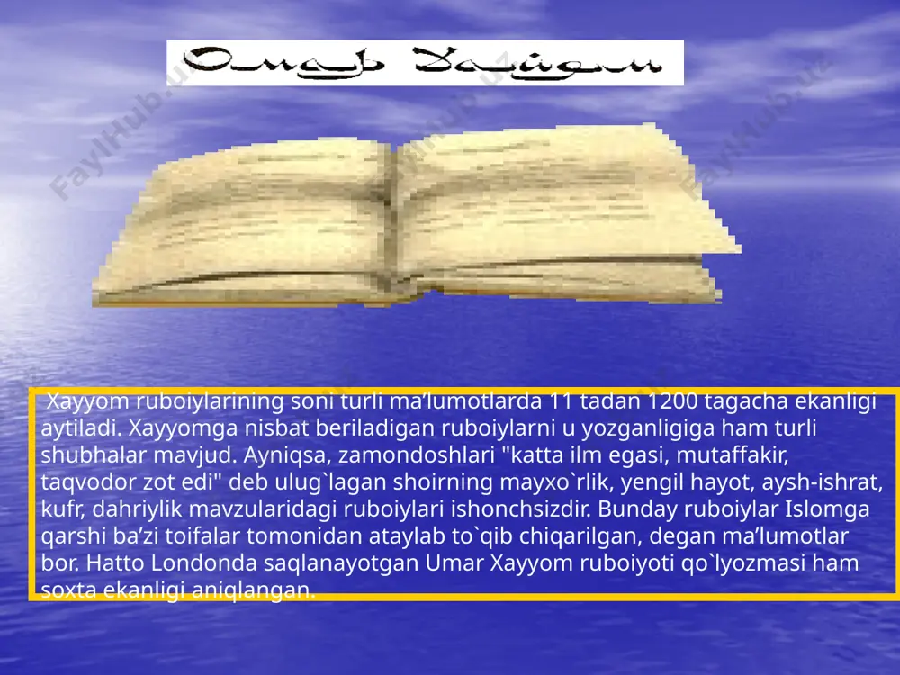 hdi. g’arbning sharqdagi dumlari bu borada o‘z ustozlaridan ham o‘tib ketishdi. ruboiylar dinsizlik, aroqxo‘rlik, fahsh ishlar shiori bo‘lib qoldi. e'tiboringiz uchun rahmat! image2.jpeg image3.jpeg image4.jpeg image5.jpeg image6.gif image7.png image8.jpeg image9.jpeg image10.jpeg image11.jpeg image12.jpeg image13.png image14.png image1.jpeg