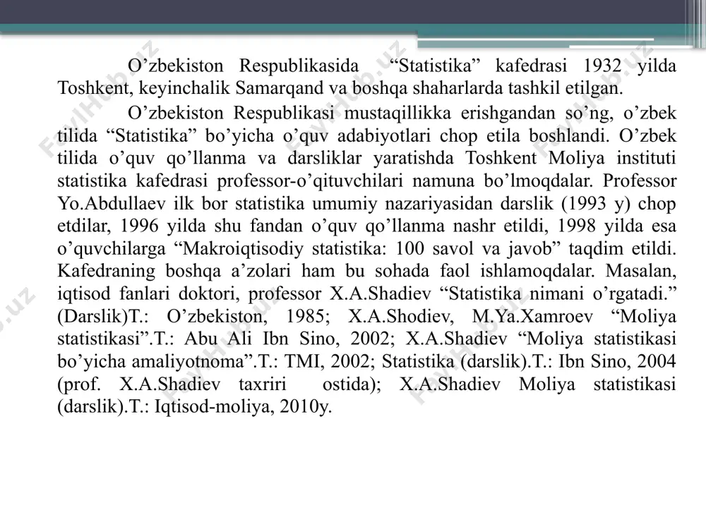 an va qurmagan bo’lishi mumkin, do’kondagi tovar iste’molga yaroqli va yaroqsiz bo’lishi mumkin. bunday belgilar bo’yicha ma’lumot to’planayotganda, odatda, savolga ha yoki yo’q deb javob beriladi. statistik o’rganishning farqli xususiyati, unda faqat o’zgaruvchan (tebranuvchi, farqlanuvchi) belgilar o’rganiladi, ya’ni belgilar bir-biridan farqlanadi. bu farqlanish statistikada variatsiya deb ataladi. agarda, o’rganilayotgan belgining o’zgarishi turli davrlarga to’g’ri kelsa (oy, yil) bunday o’zgarish statistikada variatsiya emas, dinamika deyiladi. 3. statistik ko’rsatkich – bu kategoriya bo’lib, hodisa va voqealarni aniq sharoit va vaqtdagi miqdoriy tasvirlanishidir. 4. statistik ko’rsatkichlar tizimi – bu bir-biri bilan o’zaro bog’langan statistik ko’rsatkichlar yig’indisidir. agarda ko’rsatkichlar mamlakat, hudud, tarmoq darajasida hisoblansa, ular makrodaraja ko’rsatkichlari deyiladi. agarda korxona, firma, oila va shu kabi darajalarda hisoblansa, mikrodaraja ko’rsatkichlari deyiladi. statistika dialektik metodga asoslanib, o’z predmetining o’ziga xos xususiyatlarini hisobga olgan holda, ommaviy hodisa va voqealarni o’rganishning maxsus statistik metodlarini yaratgan. ularning yig’indisi statistika metodologiyasi deyiladi. tekshirishning har bir bosqichida maxsus statistik metodlar qo’llaniladi. …