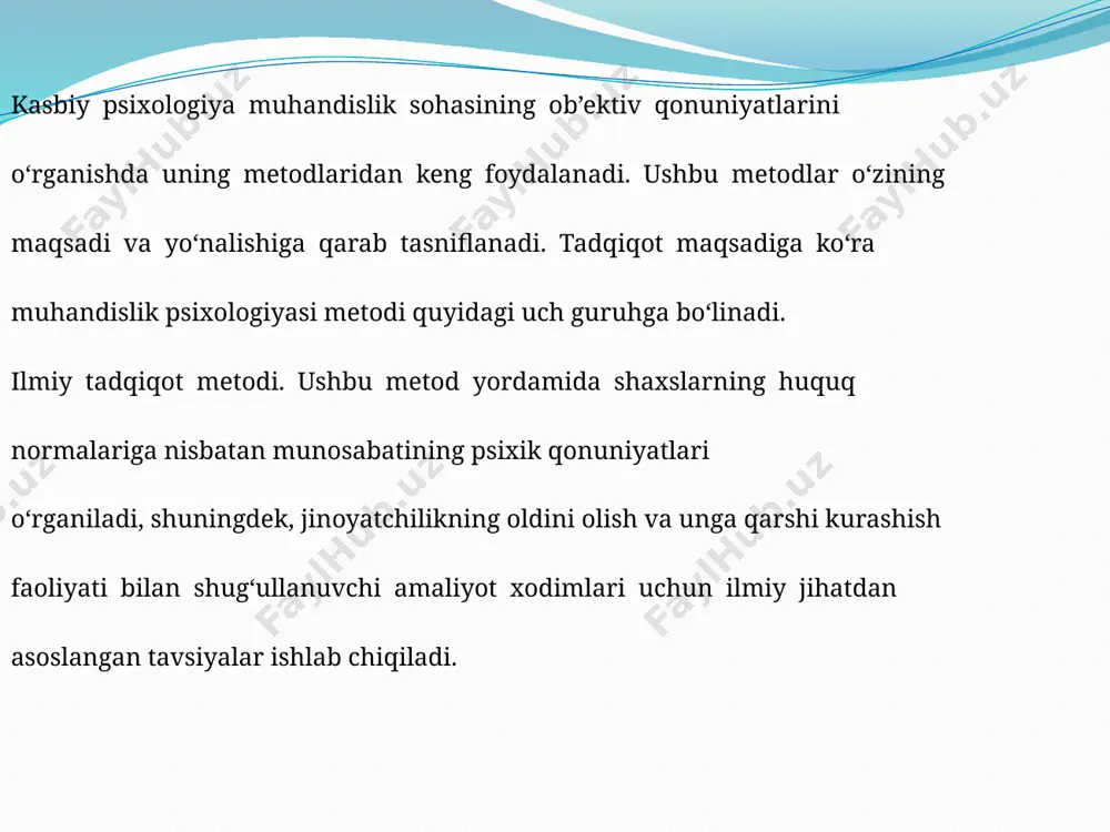 ksperimentning mohiyati shundaki, unda ataylab shunday sun’iy bir vaziyat shakllantiriladi va tashkil etiladiki, aynan shu vaziyatda qiziqtirayotgan psixik jarayon yoki xodisa ajratiladi, o`rganiladi, ta’sir ko`rsatiladi va baholanadi. agar tabiiy eksperiment o`sha qiziqtirayotgan fenomen tekshiriluvchi uchun tabiiy hisoblangan sharoitlarda (masalan, mehnat jarayonida, kanikulda yozgi lagerda, litsey auditoriyasida va shunga o`xshash) maqsadli tashkil etilib, o`rganilsa, laboratoriya eksperimenti maxsus joylarda, maxsus asbob-uskunalar vositasida ataylab o`rganiladi. image2.png image3.png image4.png image5.png image6.png image7.png image8.png image9.png /docprops/thumbnail.jpeg
