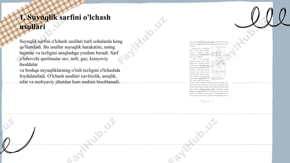 lardan iborat: hajmiy, massaviy, tezlik, elektron, magnit, ultratovush va termal usullar. hajmiy usul — bu eng keng tarqalgan usul bo'lib, suyuqlik oqimining vahiydagi hajmini o'lchashga asoslanadi. bu usulda odatda disk yoki to'rtburchak shaklidagi hisoblash elementlari ishlatiladi. suyuqlik oqimi o'sha elementlarni aylantiradi va bu aylanish soni o'lchov qurilmasi tomonidan hisoblanadi. bu usulning afzalligi shundaki, u xavfsiz, arzon va qiyinlashtirilmagan. ammo uning cheklanganligi esa o'ziga xos xususiyatlarga ega bo'lgan suyuqliklarda noaniqlik yuz berishi. 7. qo'shimcha o'lchov usullari suyuqlik sarfini o'lchash – bu suyuqlik oqimining vaza bo'yicha har bir vaqt birligida o'tgan hajmini aniqlash jarayonidir. bu ma'lumot ko'pincha sanoq, mexanika, kimyo, tabiiy fanlar va turli texnologik jarayonlarda muhim ahamiyatga ega. o'lchov usullari esa keng qo'llaniladigan qurilmalar orqali amalga oshiriladi. 8. suyuqlik harakati turlari suyuqlik sarfini o'lchovchi qurilmalar suyuqlik harakatini o'lchash uchun ishlatiladigan qurilmalardir. bu qurilmalar suyuqlikning hajmiy yoki massaviy sarfini aniqlashga xizmat qiladi. suyuqlik sarfini o'lchash muhim bo'lib, suv, neft, gaz, kimyoviy moddalar …
