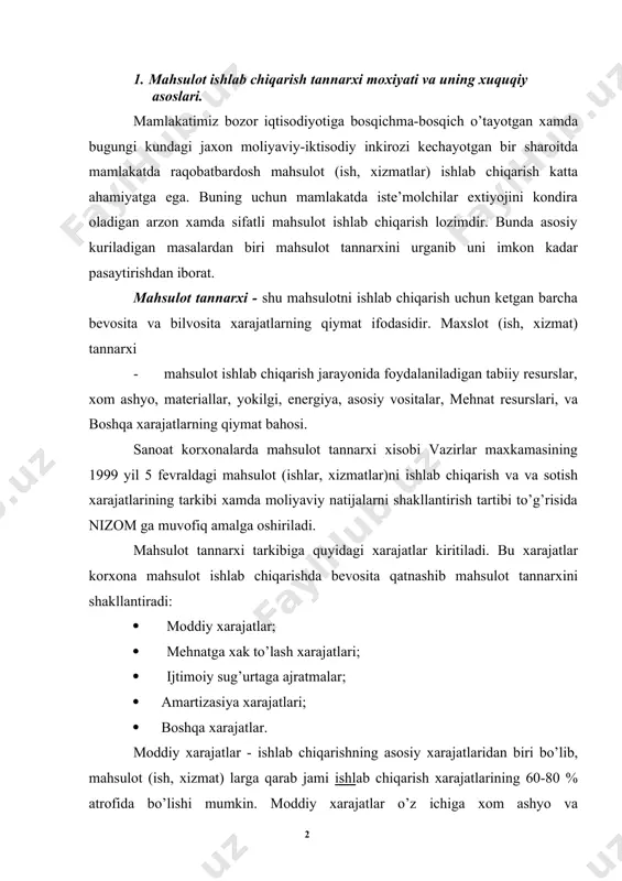0-80 % atrofida bo’lishi mumkin. moddiy xarajatlar o’z ichiga xom ashyo va materiallarga qilingan xarajatlarni o’z ichiga oladi. xom ashyo va materiallarga qilingan xarajatlar deyilganda, mahsulot sotib olgandan to korxonaga olib kelgunga kadar barcha komission va vositachilik xarajatlar tushuniladi. moddiy xarajatlarga quyidagilarni kiritishimiz mumkin: · texnologik maqsadlar va xo’jalik extiyojlariga sarflanadigan yokilgi va energiya xarajatlari; · yarim tayyor mahsulotlarni sotib olinishi; · mahsulotga tara va upakovka uchun xarajatlar; · arzon va tez eskiruvchan inventarlarning eskirishi; · tabiiy resurslardan foydalanish bilan bog’liq soliqlar va ajratmalar; · ichki ishlab chiqarish bilan bog’liq brakdan yuqotishlar; · ishlab chiqarish jarayonida xizmat qiladigan transport xarajatlari; · ishlab chiqarishda ishtirok etadigan boshqa xarajatlar. mehnatga xak to’lash xarajatlari - bu korxonaning asosiy ishlab chiqarish jarayonida qatnashuvchi ishchi va xodimlar mehnat xaqlari, jumladan rag’batlanttiruvchi va kompensasion to’lovlar uchun xarajatlardir. mehnatga xaq to’lash xarajatlari o’z ichiga quyidagilarni oladi: · lavozimdagi okladi, tarif stavklaraiga muvofiq anik bajarilgan ishlar uchun to’lovlar; …