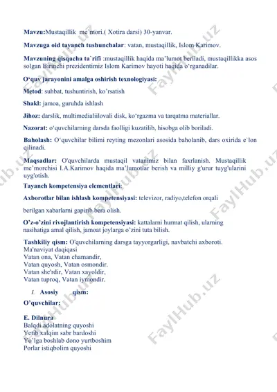 mustaqillik me'mori (xotira darsi) 30-yanvar — DOCX