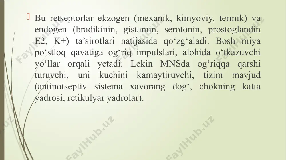 iga bevosita susaytiruvchi ta’sir ko‘rsatadi. umuman morfin pastga tushuvchi, tormozlovchi sistema ta’sirini kuchaytiradi. morfin terapevtik dozalarda yuzaki va yorqin tushlar ko‘rish bilan kechuvchi uyqu chaqiradi. morfinning tinchlantiruvchi ta’siri miyaning po‘stloq qavatidagi neyronlar, retikulyar formatsiya, limbik sistema va gipotalamusga ta’siri bilan bog‘liq bo‘lsa kerak. morfinning tinchlantiruvchi ta’siri kayf bilan kechadi, ayniqsa qayta qabul qilinganda, lekin ba’zan uning aksi bo‘ladi. morfin faqat katta dozalarda tana haroratini tushiradi (haroratni boshqarish markazini susaytirish hisobiga). peshob ajralishini (antidiuretik gormon) kamaytiradi. ishtaxani (adrenalinni buyrak usti bezidan ajralish kuychaytirib, giperglikemiya chaqiradi) pasaytiradi. parasimpatik nervlar tonusini (mioz, bradikardiya, bronxospazm, mit sfinkterining tonusi ortadi, qabziyat, bachadon qisqarishini) kuchaytiradi. nafas olish markazini susaytiradi, uning so2 ga bo‘lgan ta’sirchanligini pasaytiradi (nafas kamayadi, lekin chuqur bo‘ladi, keyin ortadi, lekin yuzaki bo‘ladi, keyin davriy nafas yuzaga chiqadi). qayt qilish markazini susaytiradi. peshob xaltasini sfinkteri tonusini oshiradi (peshob ajratish qiyinlashadi). katta va zaharlovchi dozalarda, morfin qon aylanish markazi faoliyatini susayitiradi. qon bosimini pasayishida, tomirlar …