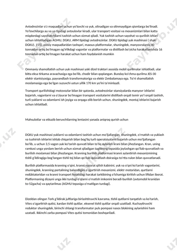 avtoulovlari odatda o'rindiqlar bilan jihozlangan ikkita eksa maxsus konstruktsiyali kichik o'ziyurar yopiq vagonlardir. o'rindiqlar soni-20-30 odatda 24. ba'zi avtoulovlar ketma-ket avtomobillar yoki yuk mashinalari asosida qurilgan. bunday mashinalar zavod qurilishi va hunarmandchilik ishlab chiqarishi mumkin. [3] ayniqsa, temir yo'llarning elektrlashtirilgan uchastkalarida yuk avtomobillari bilan bir qatorda, kontakt tarmog'ida joriy ta'mirlash va avariya-tiklash ishlari uchun dm-ning montaj-no-restorativ avtodrezinalari ishlatiladi. [4] shakl bo'yicha. 201 yassi oqim liniyalarida ishlash uchun moslashtirilgan dm tipidagi kesma tasvirlangan. ular, shuningdek, yuk ko'tarma kranlar 1 tonna o'rnatilgan agmu turi yuk mashinalari, parvona dvigatellari bir haydovchi ega boom 4 5 m uchib bilan qo'llaniladi. kranning o'qini aylantirish qo'l bilan amalga oshiriladi va tashuvchining strelka bo'ylab harakatlanishi qo'l g'ildiragi bilan amalga oshiriladi. ushbu tovoqlar odatda platformalar shaklida treylerlar bilan ishlatiladi. [9] avtodrezina-temir yo'llarning turli xizmatlarida iqtisodiy tashish uchun mo'ljallangan ichki yonish dvigatelli o'ziyurar vagon. ular yo'lning yuqori strukturasining elementlarini ( relslar, shpallar, strelkalar, temir yo'llar) va ish joyiga etkazib …