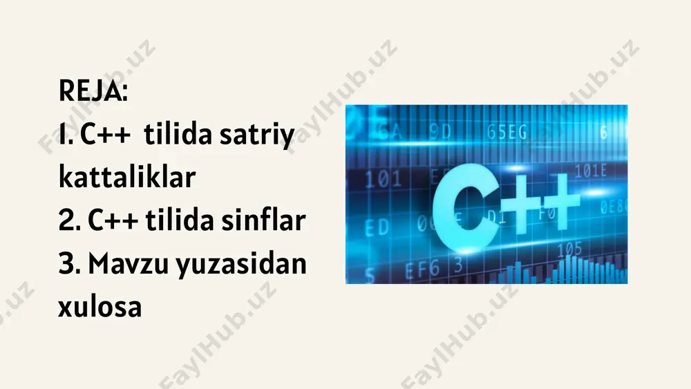 odellashtirishga va ularning xususiyatlari va xatti-harakatlarini bir joyda saqlashga yordam beradi. bu kodni tartibli, tushunarli va qayta ishlatishga oson qiladi. ma'lumotlarni inkapsulyatsiya qilish: ma'lumotlar va ular bilan ishlaydigan funksiyalar bir joyda birlashtiriladi, bu esa kodni tashkil qilishni osonlashtiradi va ma'lumotlarga tasodifiy kirishni cheklaydi. * qayta foydalanish imkoniyati: bir marta yaratilgan sinf turli xil obyektlarni yaratish uchun qayta ishlatilishi mumkin. * polimorfizm va vorislik: oopning boshqa muhim tushunchalarini qo'llab-quvvatlaydi, bu esa moslashuvchan va kengaytiriladigan dasturlar yaratishga imkon beradi. satrli kattaliklar (strings) c++ tilida c++ tilida matnli ma'lumotlarni saqlash uchun bir nechta usul mavjud. eng keng tarqalganlari quyidagilar: * char turidagi massivlar (c-style strings): bu c tilidan meros bo'lib o'tgan usul. satr belgilar massivi sifatida saqlanadi va satrning oxiri maxsus '\0' (null terminator) belgisi bilan belgilanadi. char salom[] = "salom"; // avtomatik ravishda '\0' qo'shiladi char ism[10] = "ali"; // belgilar uchun ajratilgan joy afzalliklari: oddiy va ba'zi hollarda xotirani samarali ishlatishi …