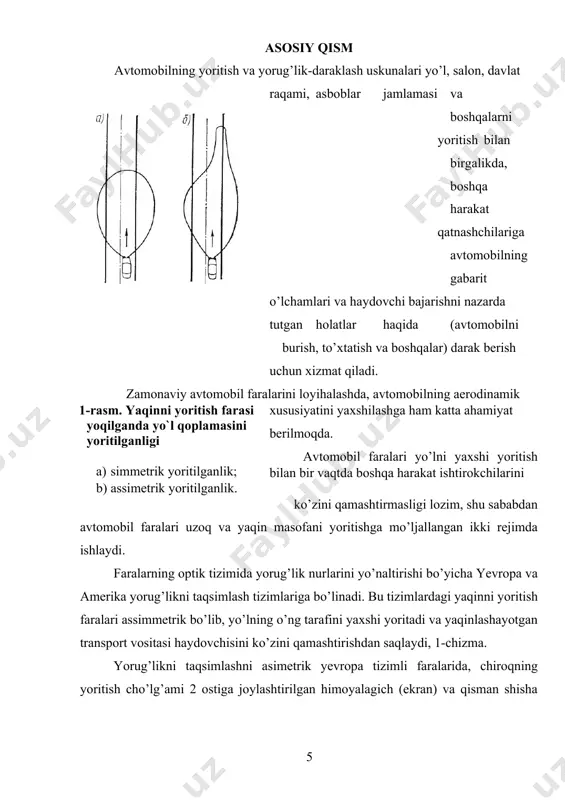 rmoqsimon; l) safitli; 1-shisha idish (kolba), 2-uzoqni yoritish cho’lg’ami; 3-yaqinni yoritish cho’lg’ami; 4himoyalagich (ekran); 5-fokuslovchi flanes; 6-metall asos (sokol); 7-elektr sim ulagich. chiroqlar cho’lg’amlari spiral shaklida o’ralgan volfram simidan tayyorlanadi. cho’lg’am qiziganida volfram bug’lari hosil bo’lib shisha idishning ichki yuzasini qora qatlam qoplay boshlaydi. buning oldini olish uchun, shisha idishning ichiga inert gazlarining aralashmasi (96% organ va 4% azot) to’ldiriladi. quvvati 3 vt gacha bo’lgan chiroqlarning shisha idishi ichida vakuum hosil qilinadi. inert gazlari bilan to’ldirilgan chiroqlarning cho’lg’amlarini 3000 ° k gacha qizdirish mumkin bo’lib, harorat bundan ortsa volframni bug’lanishi kuchayadi. shu sababdan zamonaviy avtomobil faralarida galogen chiroqlar ishlatilmoqda. galogen chiroqlarida inert gazlariga galogen yoki uning brom bilan birikmasi to’ldiriladi. galogen chiroqlarining cho’lg’amini 3600 ° k ga qizdirish imkoniyati ortib, o’lchami kichik bo’ladi va shishaning ichki yuzasida folfram qoplama hosil bo’lmaydi. chiroq yonganida folfram bug’lanib, inert gaz ta’sirida yana qaytib cho’lg’amga o’tiradi va cho’lg’amni uzilishdan saqlaydi. bu jarayon to’la to’kis …
