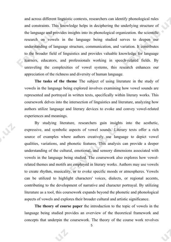 ints governing vowel systems, as well as the phonemic contrasts that distinguish word meanings. sociolinguistic variations in vowel pronunciation are also a focal point of the coursework. it investigates how vowel sounds may vary regionally, socially, or across different speech communities, reflecting dialectal differences and sociocultural factors. the theoretical framework of the course work encompasses linguistic theories and methodologies used to analyze and interpret vowel-related phenomena in the language being studied. by exploring these theoretical foundations, researchers gain a deeper understanding of the complexities of vowels, their significance in language structure and communication, and their role in reflecting cultural and social identities. the methodological framework basis of the subject of the course work on vowels in the language being studied involves employing various research methods and techniques to investigate and analyze vowel-related phenomena. another methodological approach is phonological analysis. researchers analyze linguistic data, including words, syllables, and phonological patterns, to …