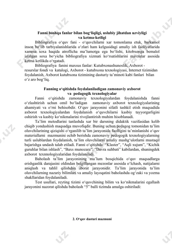 nashrlarga bibliografik tavsif tuzishni o‘rganadilar 4 a 2 21 g) davriy nashlarning maqolalarini tavsiflash; davriy nashlarga bibliografik tavsif tuzishni o‘rganadilar 4 a 2 bibliografiya 22 axborot kutubxona muassasalaridagi axborot oluvchi yangi texnologiyalar bilan tanishish. axborot kutubxona muassasalaridagi axborot oluvchi yangi texnologiyalarni o‘rganish 2 a 2 23 ak muassasalarni ishida axborot bibliografiya nashrlaridan qanday foydalanishni aniqlang. axborot bibliografiya nashrlaridan qanday foydalanishni o‘rganadilar 2 a 2 24 aboniment ish texnologiyasida tavsiya bibliografiyada mavzuli tavsiya ko‘rsatkichlaridan, sharhlash, o‘qish rejalari va boshqa axborot-resurslaridan foydalanish tavsiya bibliografiyada mavzuli tavsiya ko‘rsatkichlaridan, sharhlash, o‘qish rejalarini amalga oshirishni o‘rganish 2 a 2 25 ma’lumot-bibliografik va analitik bibliografik tavsiflari bilan ishlash. ma’lumot-bibliografik va analitik bibliografik tavsiflari bilan ishlashni o‘rganish 2 a 2 26 armlar rejasi bo‘yicha dolzarb mavzuga oid kartoteka tuzish, adabiyotlarning ma’lumot-bibliografiyasi ro‘yxatini berish. kartotekalar tashkil etish va adabiyotlarning ma’lumot-bibliografiyasi ro‘yxatini tuzishni o‘rganish 2 a 2 27 o‘lkashunoslikka oid bibliografik ko‘rsatkich tuzish. o‘lkashunoslikka oid tuzilgan bibliografik ko‘rsatkichlarni o‘rganish …
